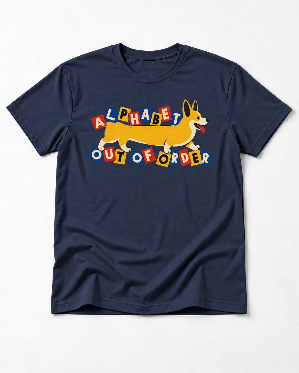 Corgi Alphabet Out of Order Graphic T-Shirt in Navy, flat lay product photo
