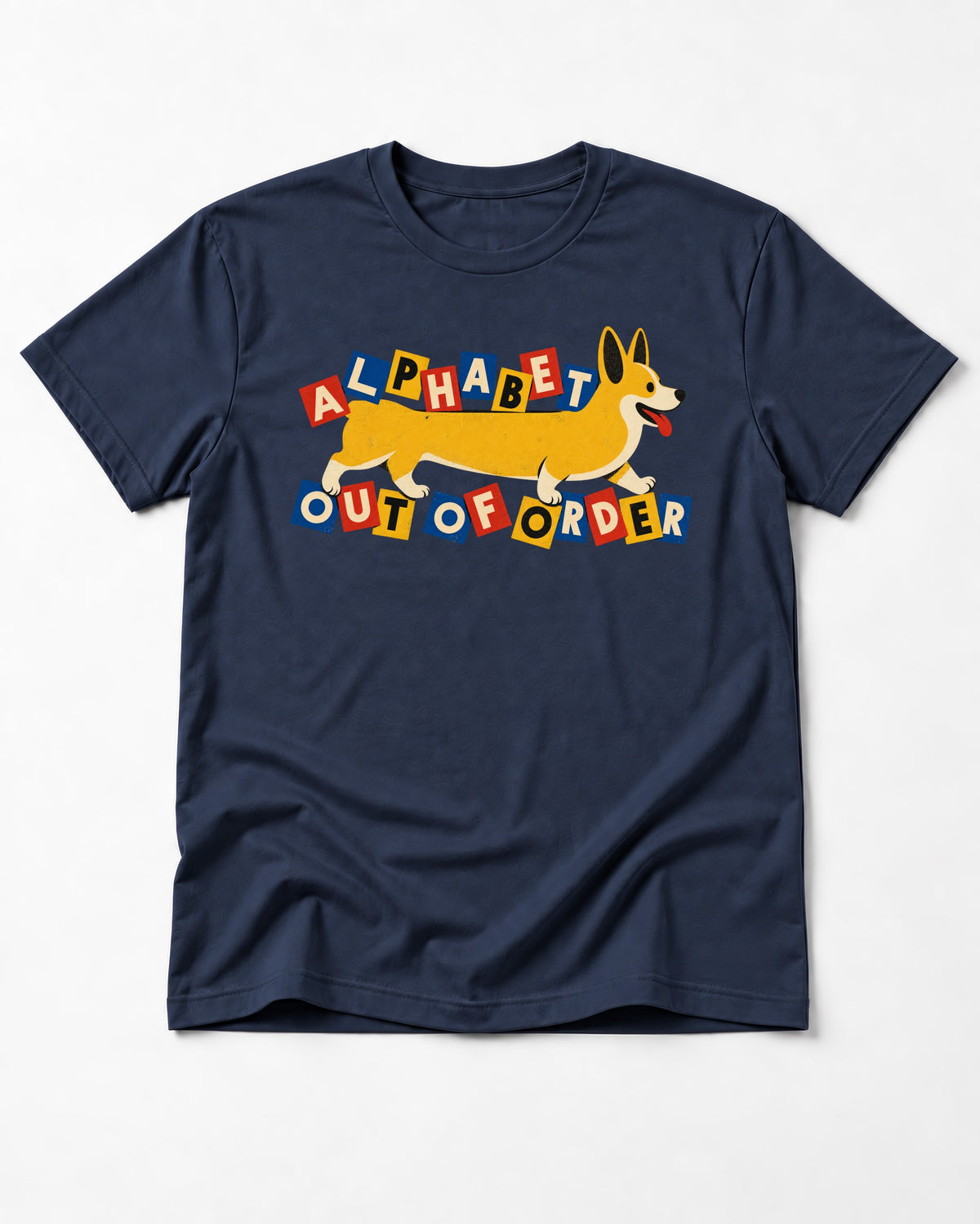 Corgi Alphabet Out of Order Graphic T-Shirt in Navy, flat lay product photo