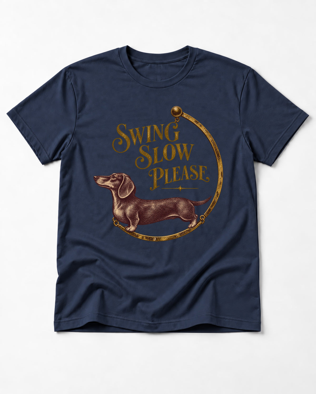 Dachshund Swing Slow Please Necklace Frame Graphic T-Shirt in Navy, flat lay product photo