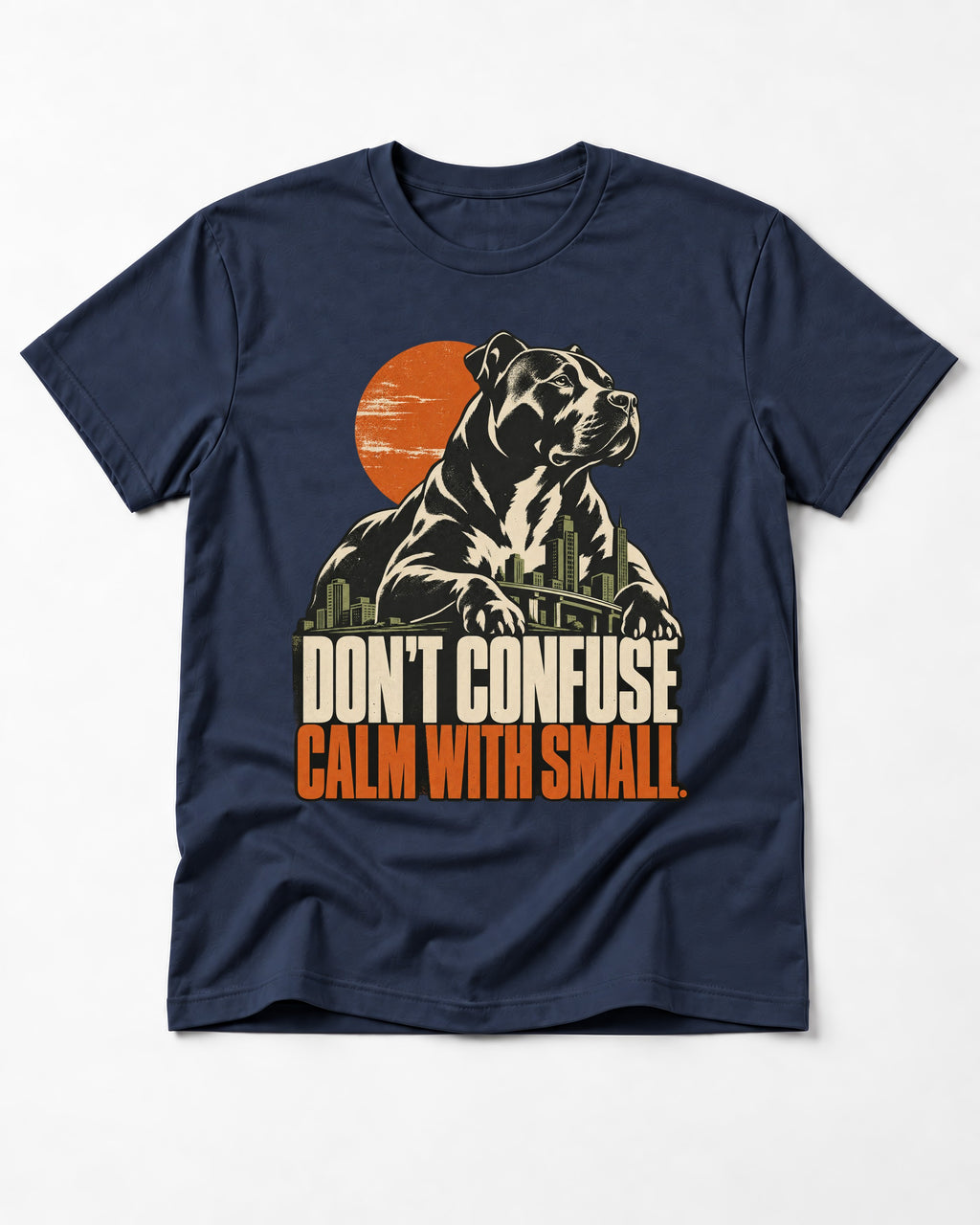 Pitbull Don't Confuse Calm with Small City Guardian Graphic T-Shirt in Navy, flat lay product photo