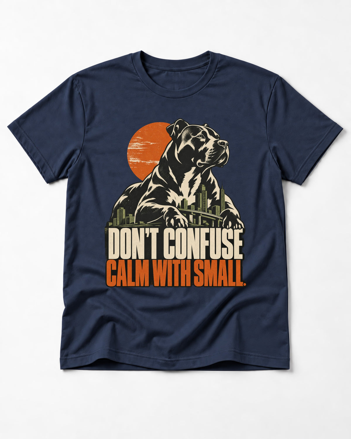 Pitbull Don't Confuse Calm with Small City Guardian Graphic T-Shirt in Navy, flat lay product photo
