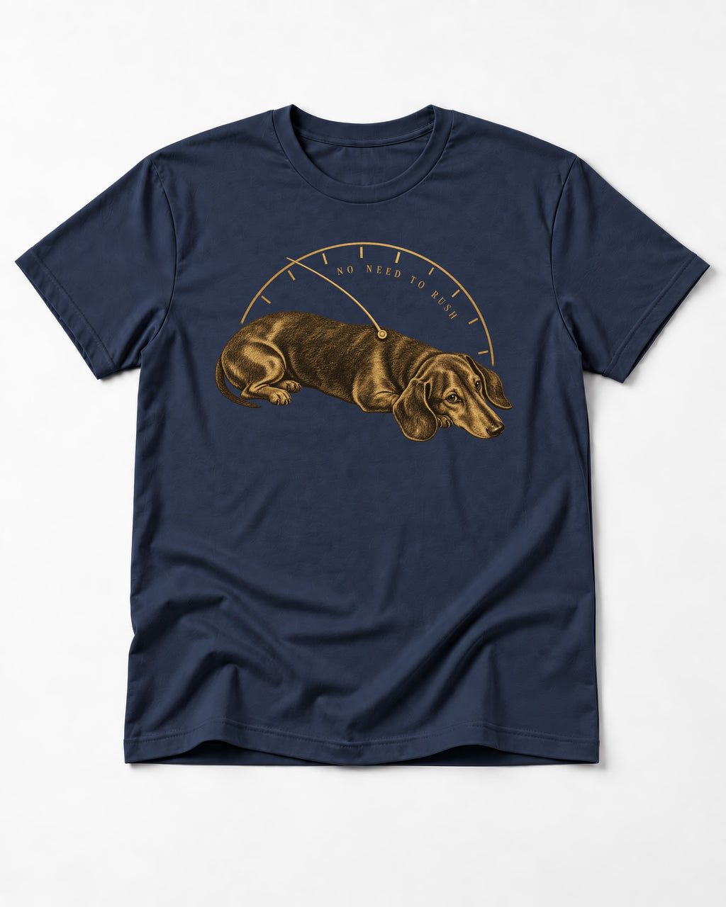 Dachshund No Need To Rush Gauge Graphic T-Shirt in Navy, flat lay product photo