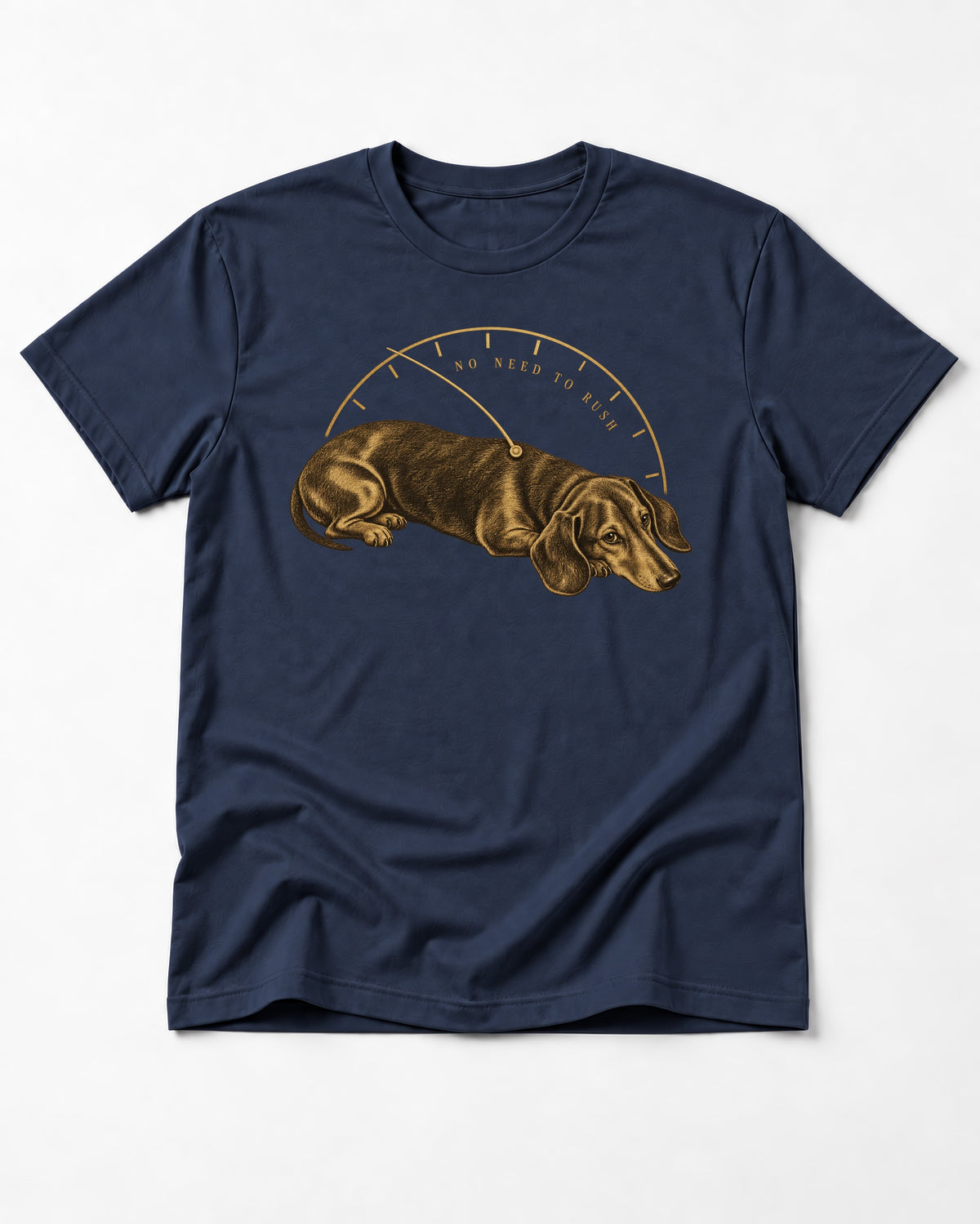 Dachshund No Need To Rush Gauge Graphic T-Shirt in Navy, flat lay product photo