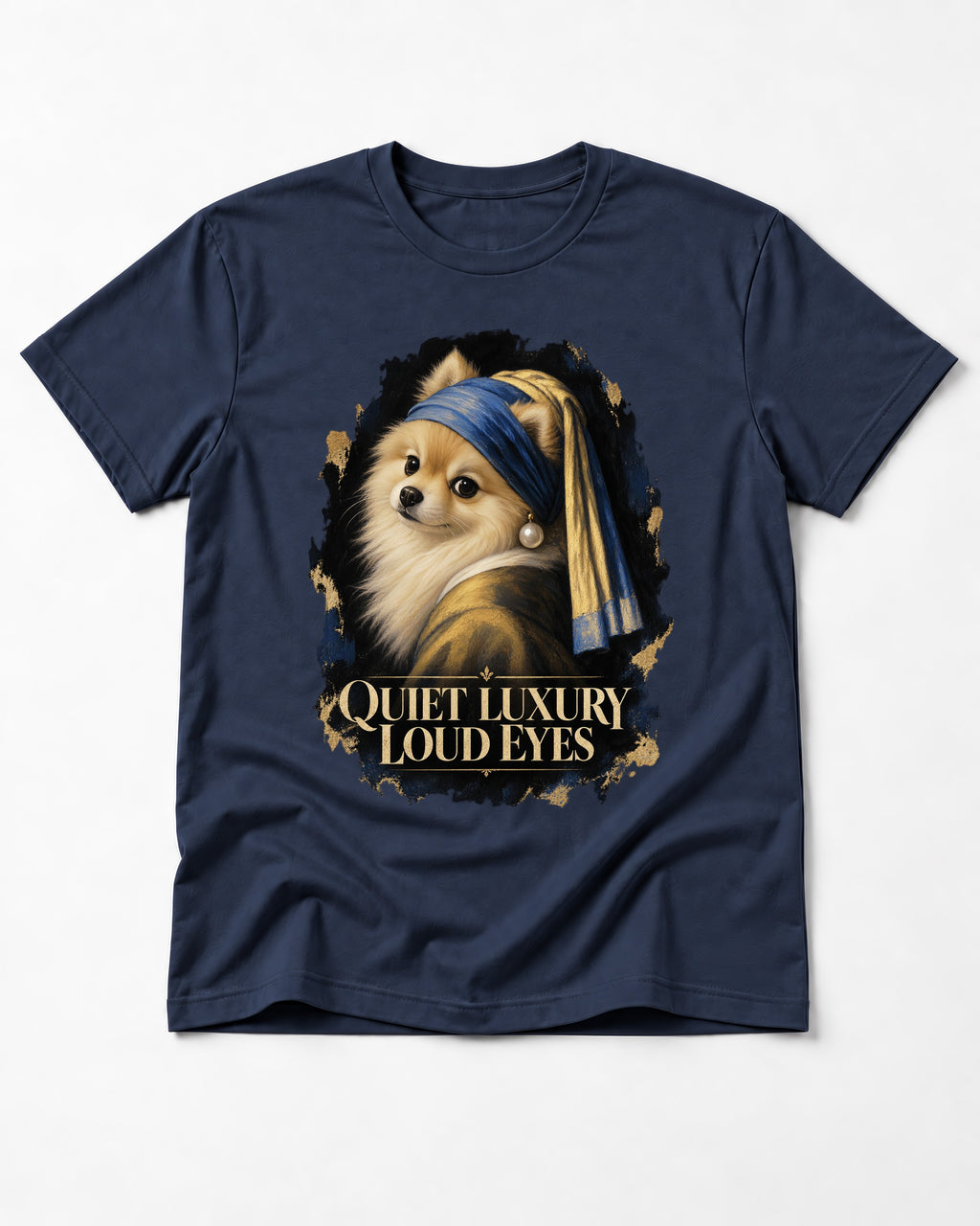 Pomeranian Quiet Luxury Loud Eyes Pearl Portrait Graphic T-Shirt in Navy, flat lay product photo