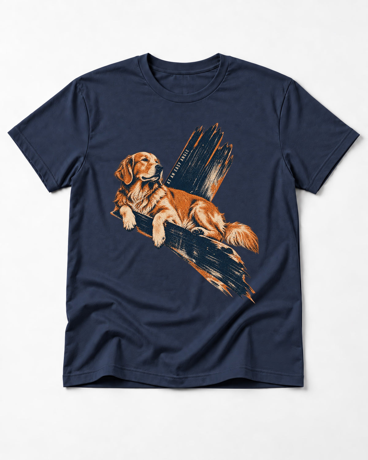 Golden Retriever At an Easy Angle Brushstroke Lounge Graphic T-Shirt in Navy, flat lay product photo