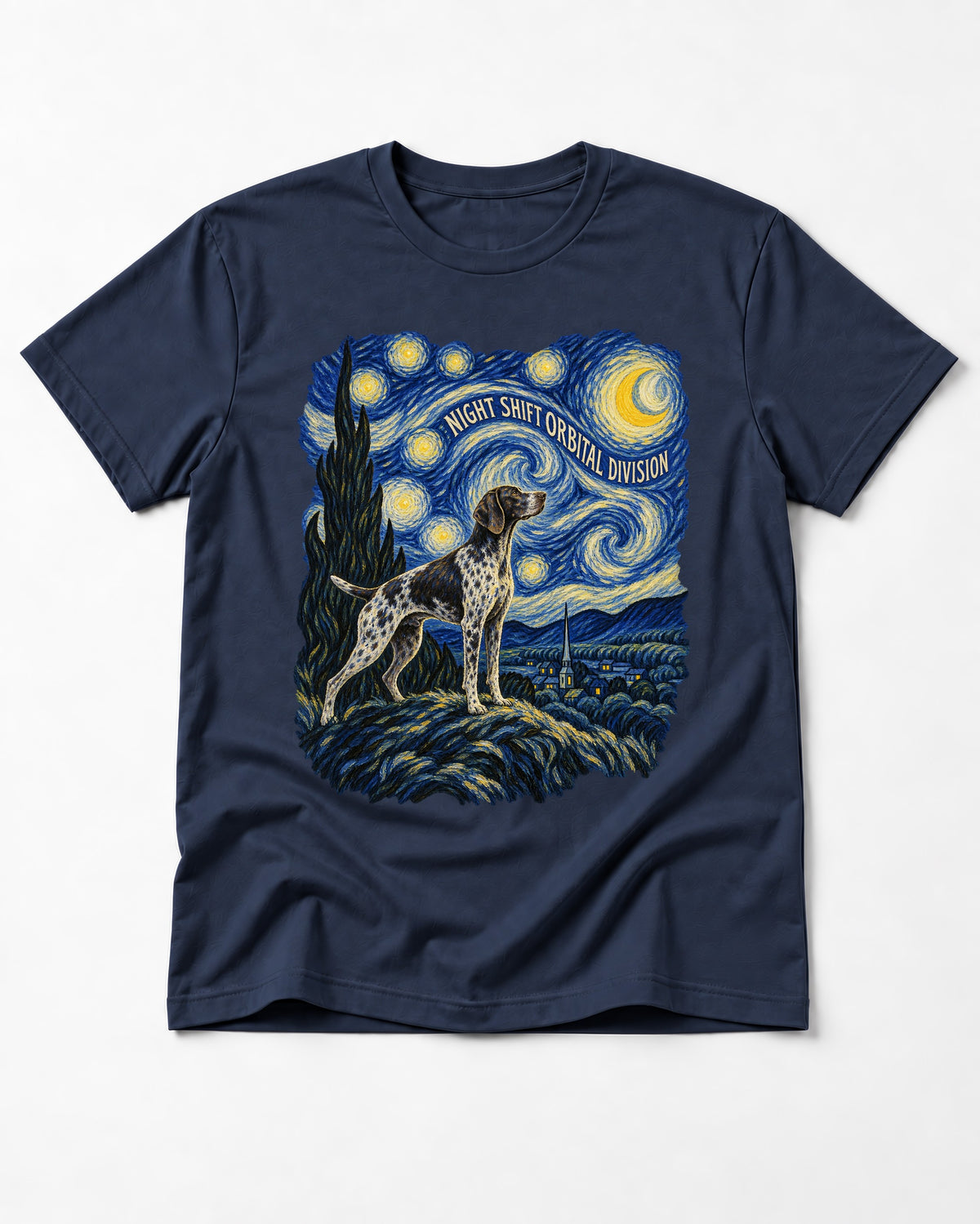 German Shorthaired Pointer Night Shift Orbital Division Starry Night Graphic T-Shirt in Navy, flat lay product photo