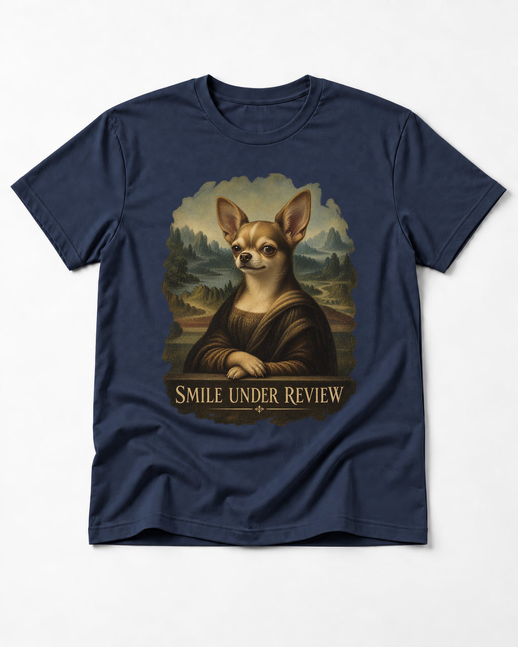 Chihuahua Smile Under Review Mona Lisa Portrait T-Shirt in Navy, flat lay product photo