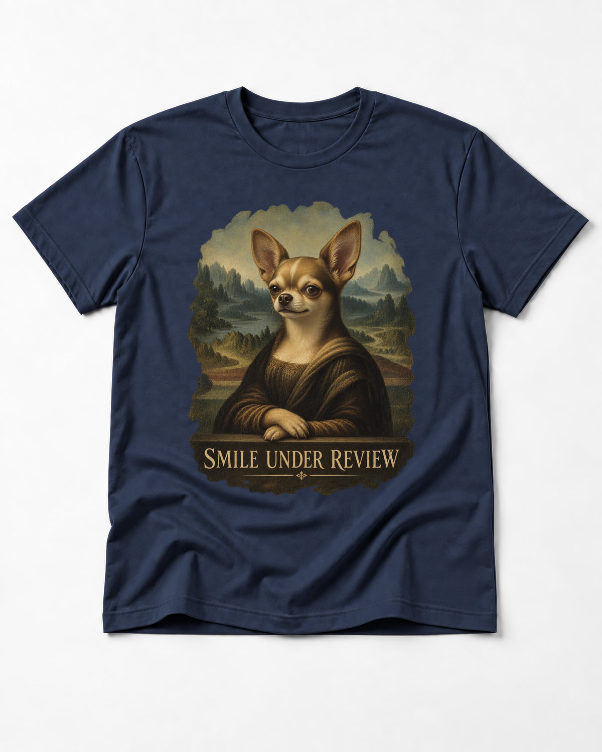 Chihuahua Smile Under Review Mona Lisa Portrait T-Shirt in Navy, flat lay product photo