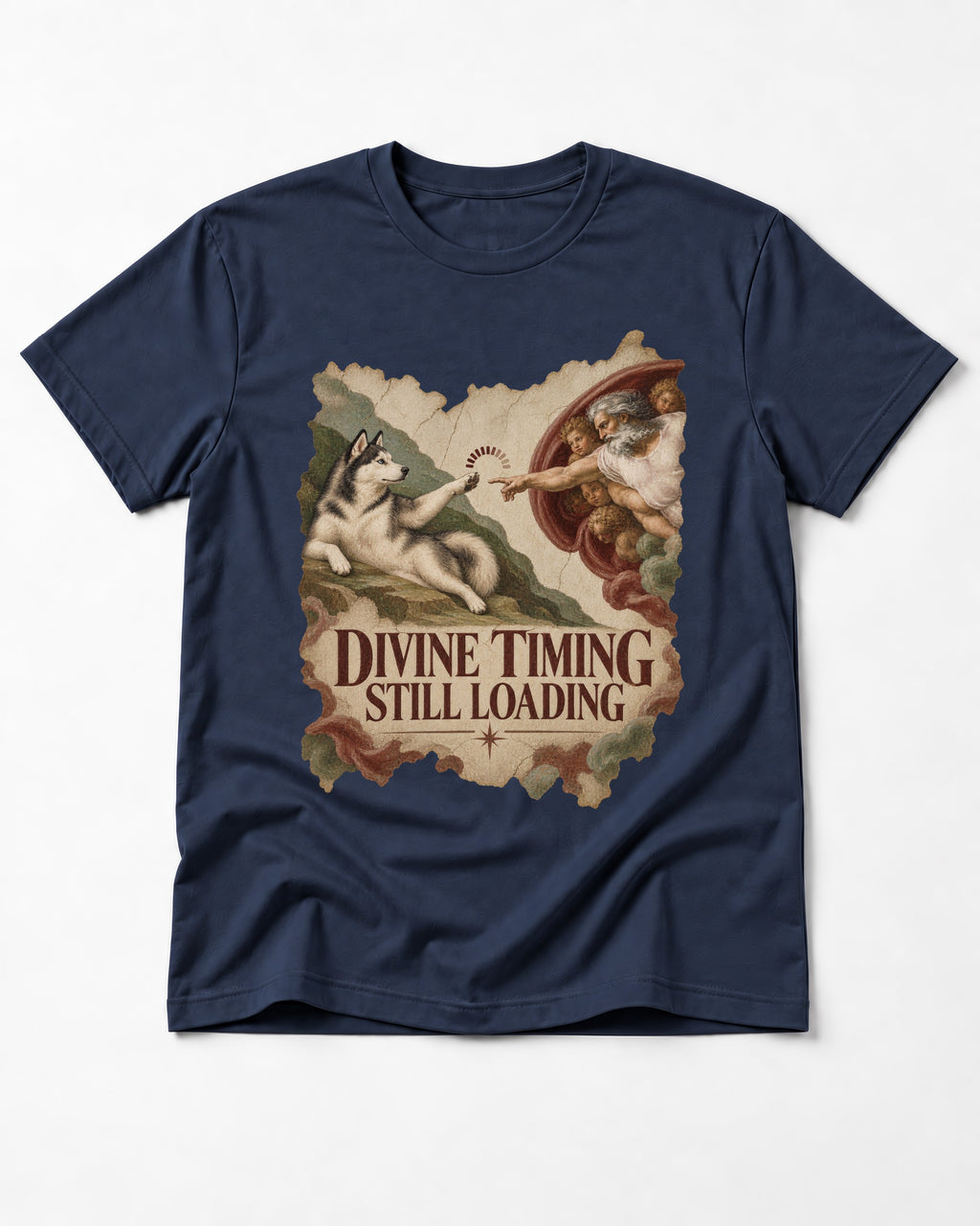 Husky Divine Timing Still Loading Creation Parody Graphic T-Shirt in Navy, flat lay product photo