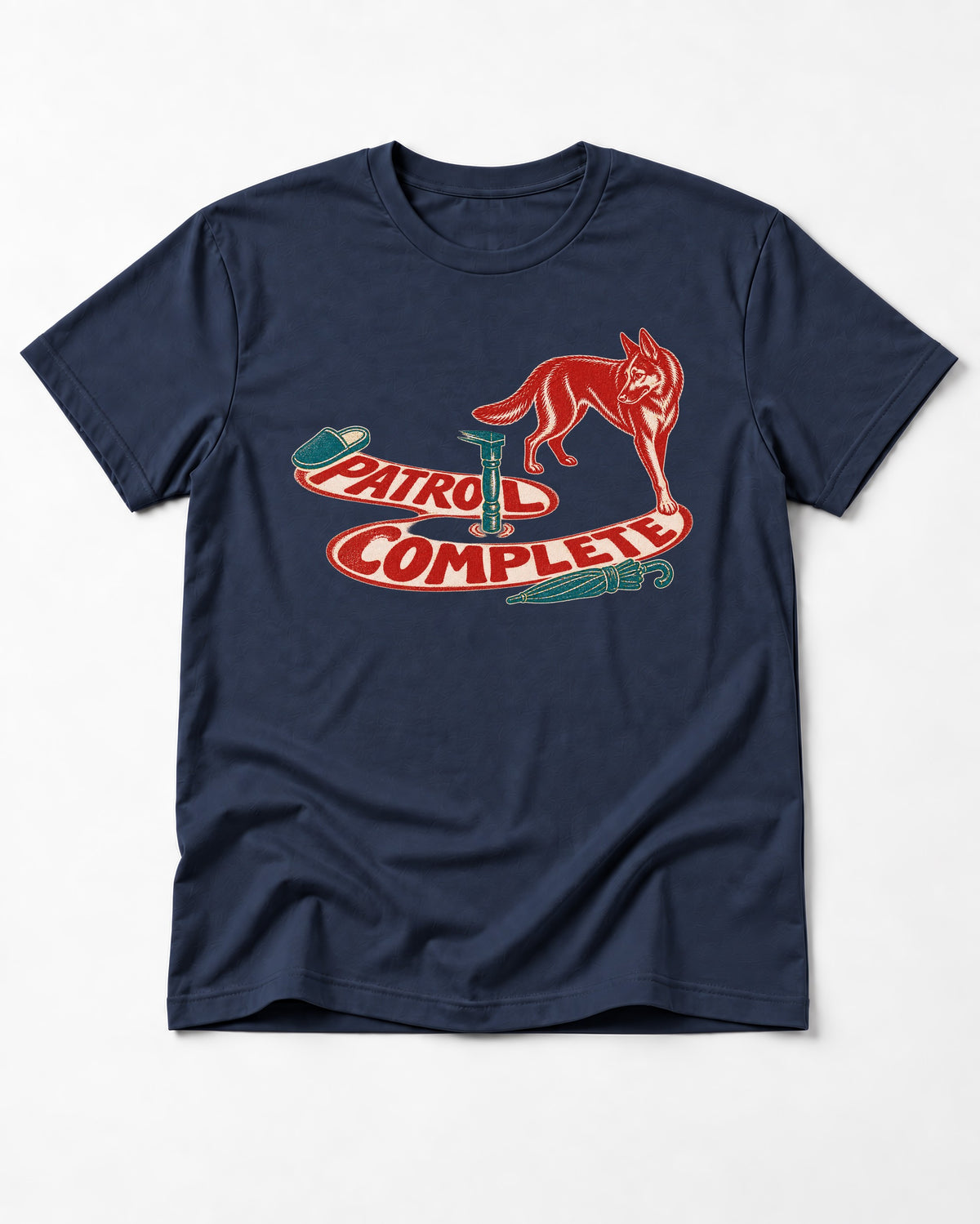 German Shepherd Dog Patrol Complete Umbrella Graphic T-Shirt in Navy, flat lay product photo