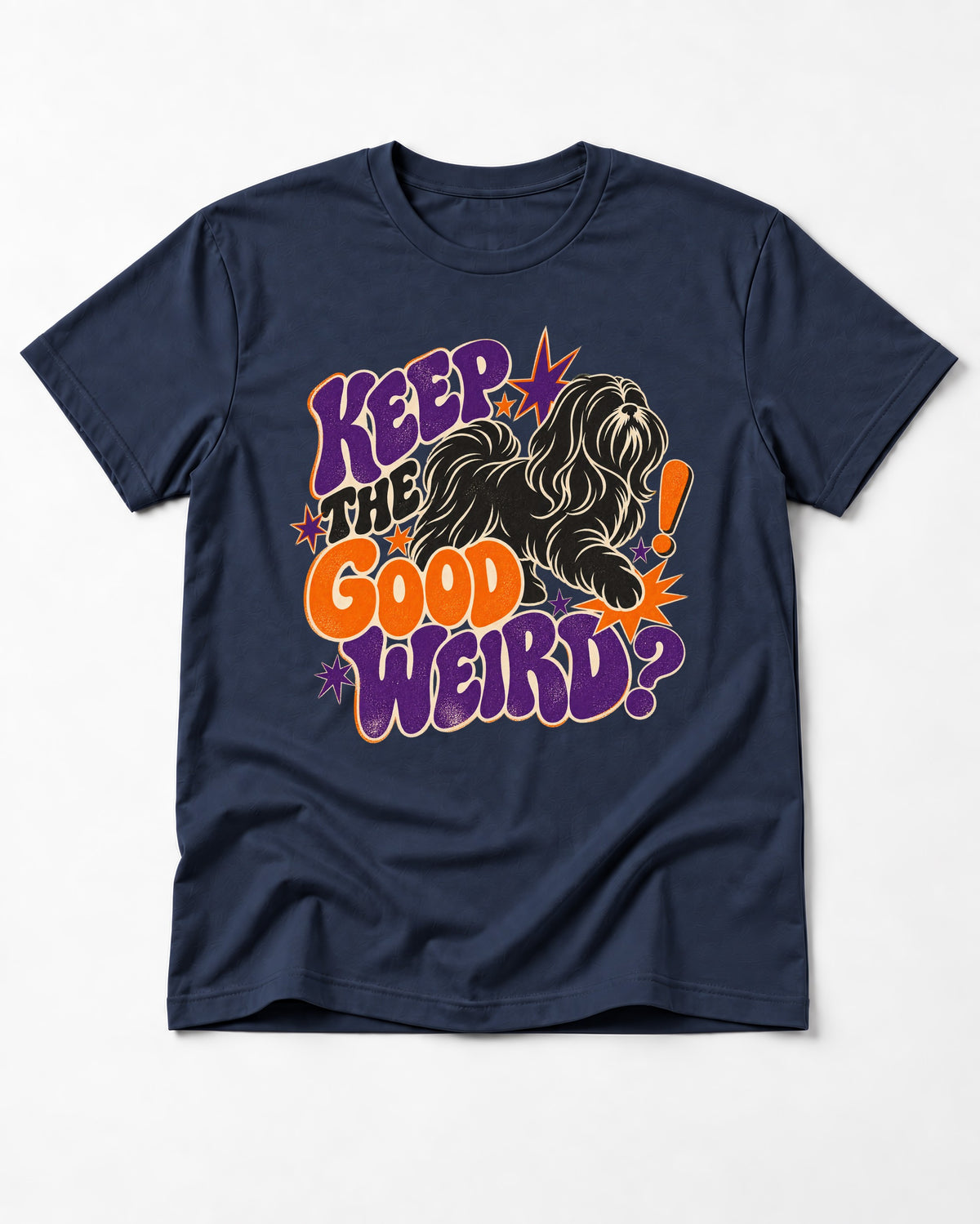 Shih Tzu Keep the Good Weird Retro Typography Graphic T-Shirt in Navy, flat lay product photo