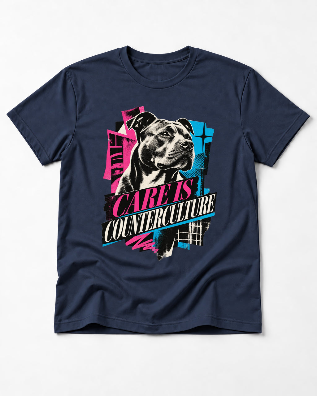 Pitbull Care Is Counterculture Neon Collage Portrait Graphic T-Shirt in Navy, flat lay product photo