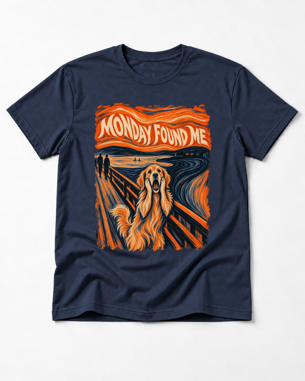 Monday Found Me Scream Golden Retriever Graphic T-Shirt in Navy, flat lay product photo
