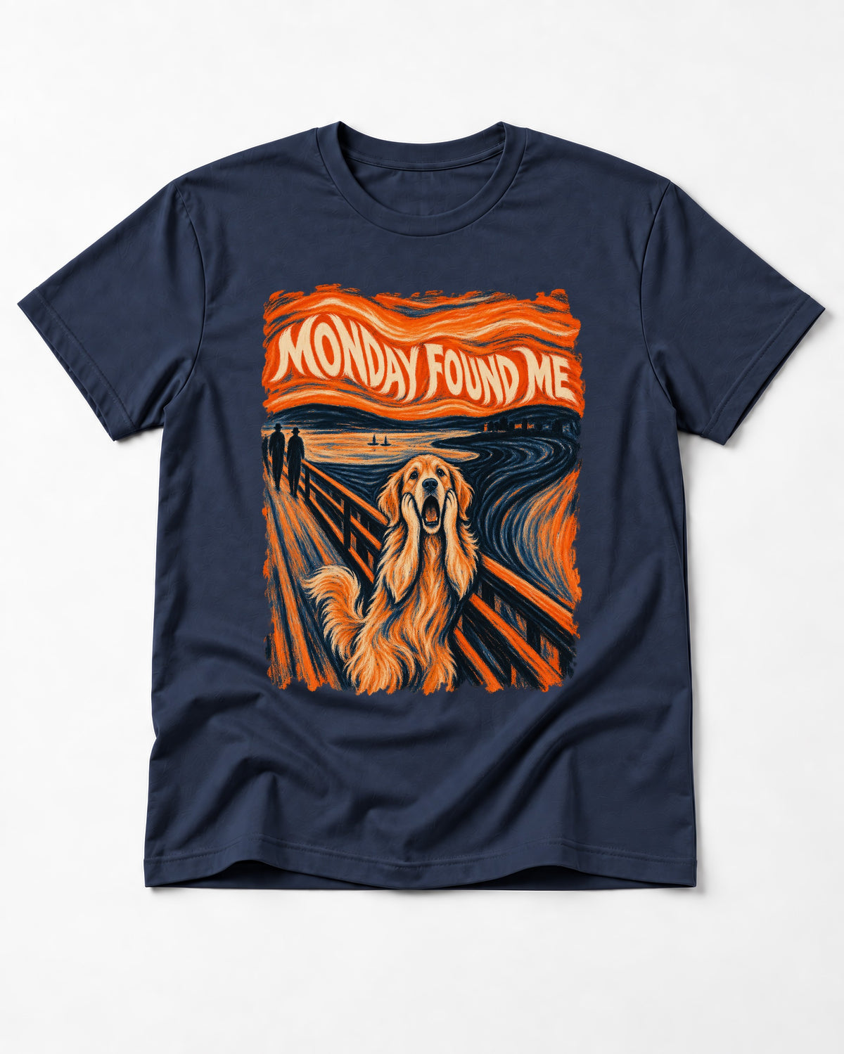 Monday Found Me Scream Golden Retriever Graphic T-Shirt in Navy, flat lay product photo