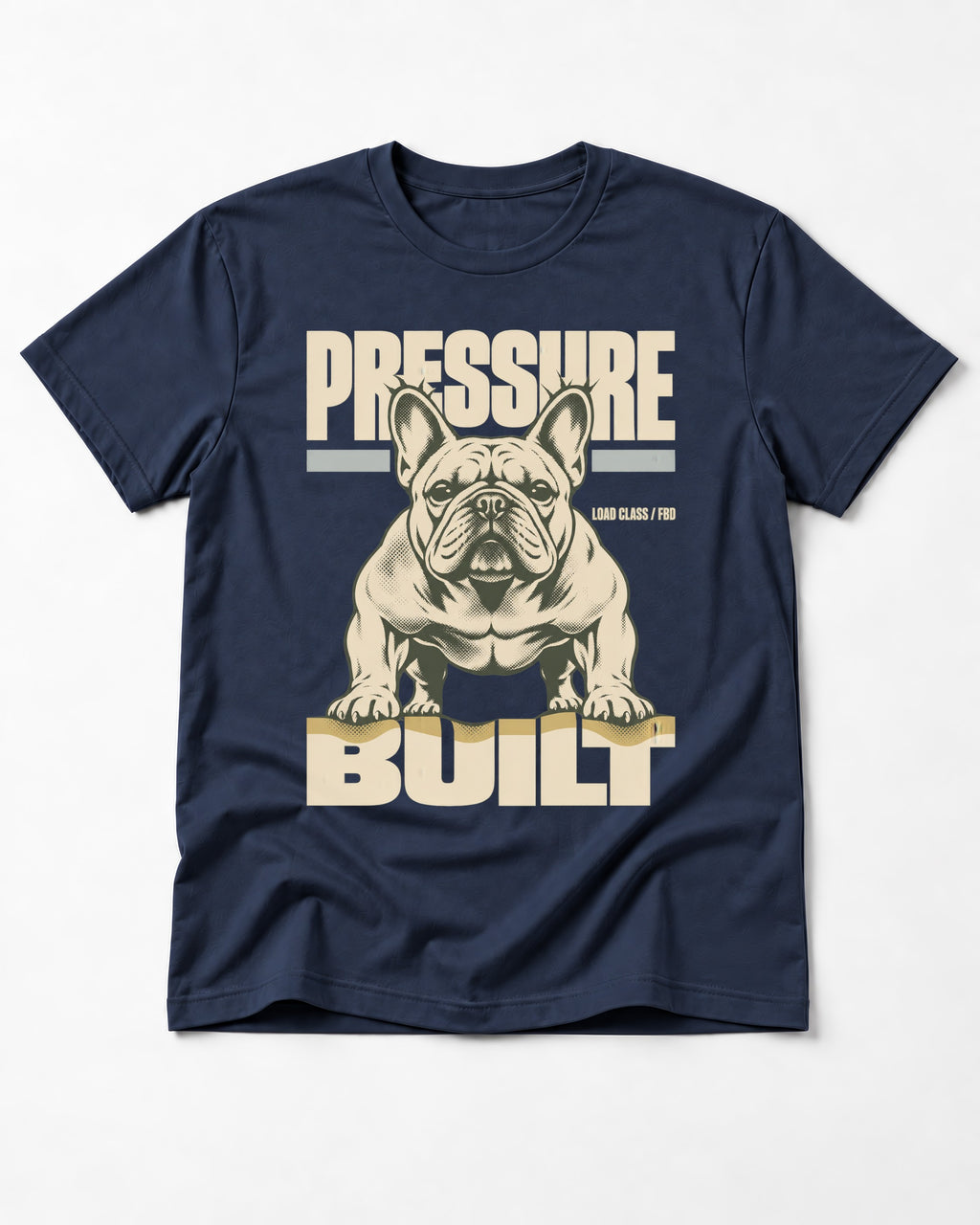 Frenchie Pressure Built Load Class Graphic T-Shirt in Navy, flat lay product photo