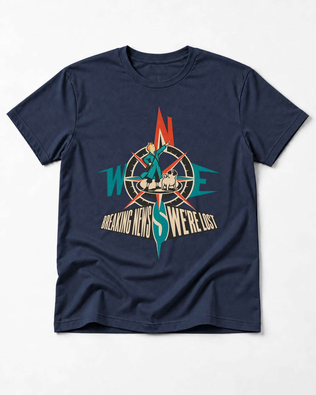 Pug Breaking News We're Lost Compass Graphic T-Shirt in Navy, flat lay product photo
