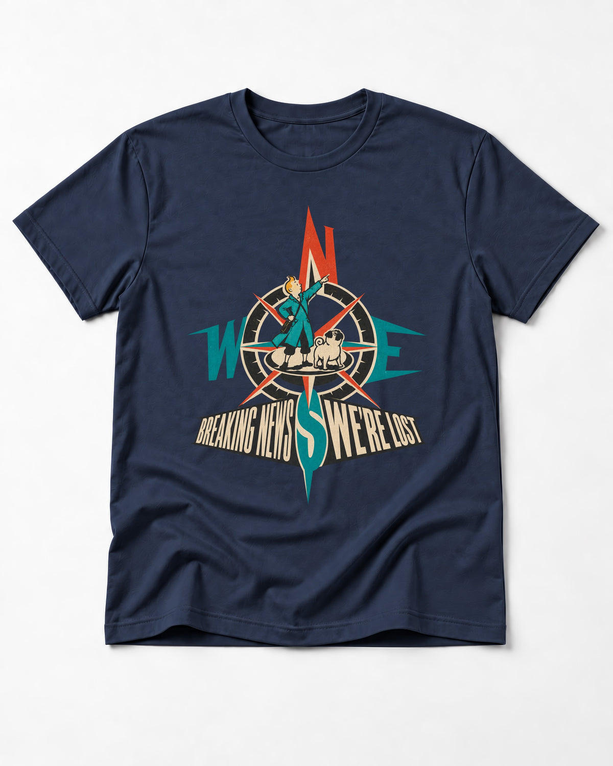 Pug Breaking News We're Lost Compass Graphic T-Shirt in Navy, flat lay product photo