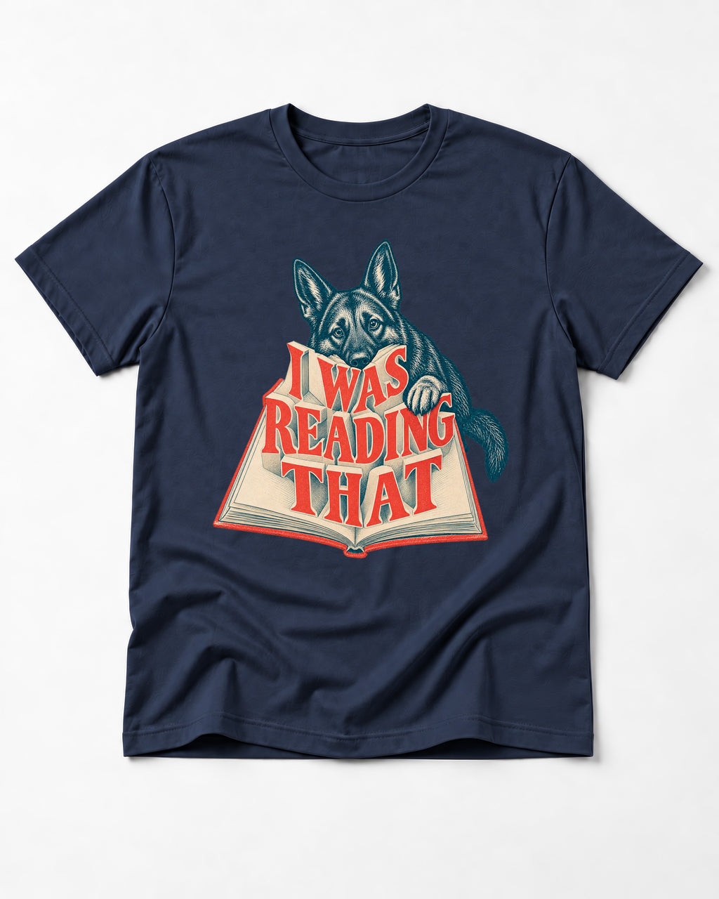 German Shepherd Dog I Was Reading That Open Book Graphic T-Shirt in Navy, flat lay product photo