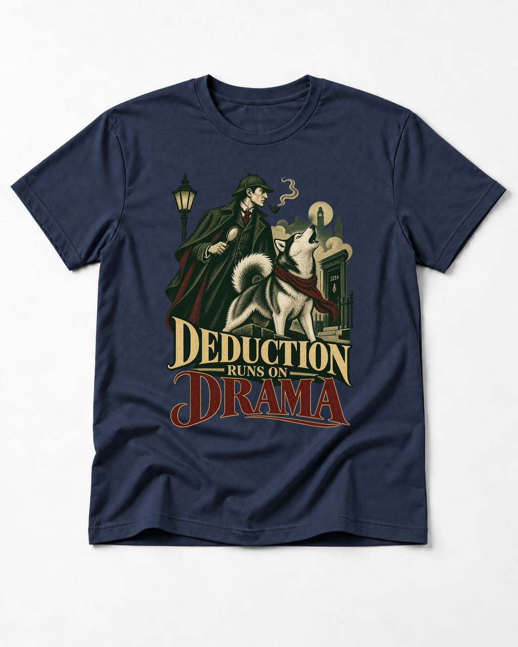 Husky Deduction Runs on Drama Detective Graphic T-Shirt in Navy, flat lay product photo