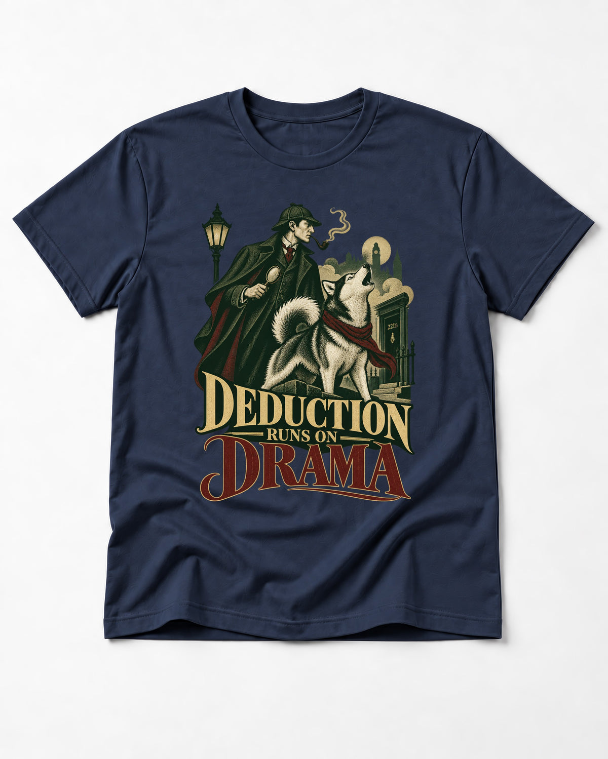 Husky Deduction Runs on Drama Detective Graphic T-Shirt in Navy, flat lay product photo