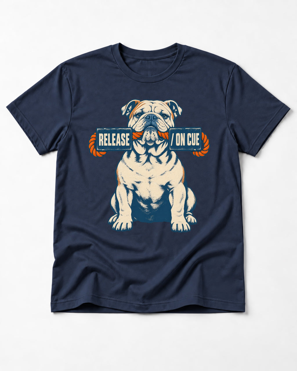 English Bulldog Release on Cue Rope Sign Graphic T-Shirt in Navy, flat lay product photo