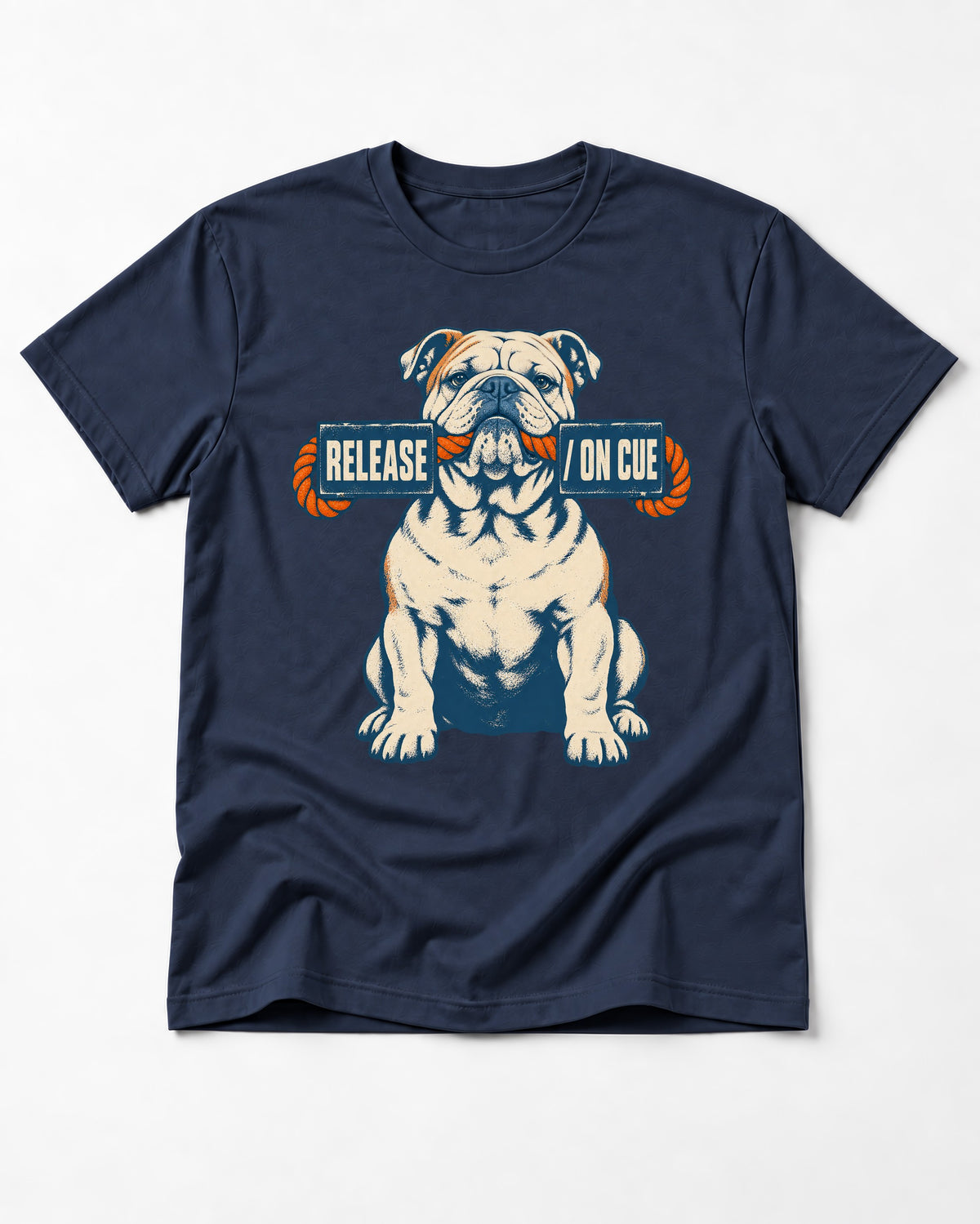 English Bulldog Release on Cue Rope Sign Graphic T-Shirt in Navy, flat lay product photo