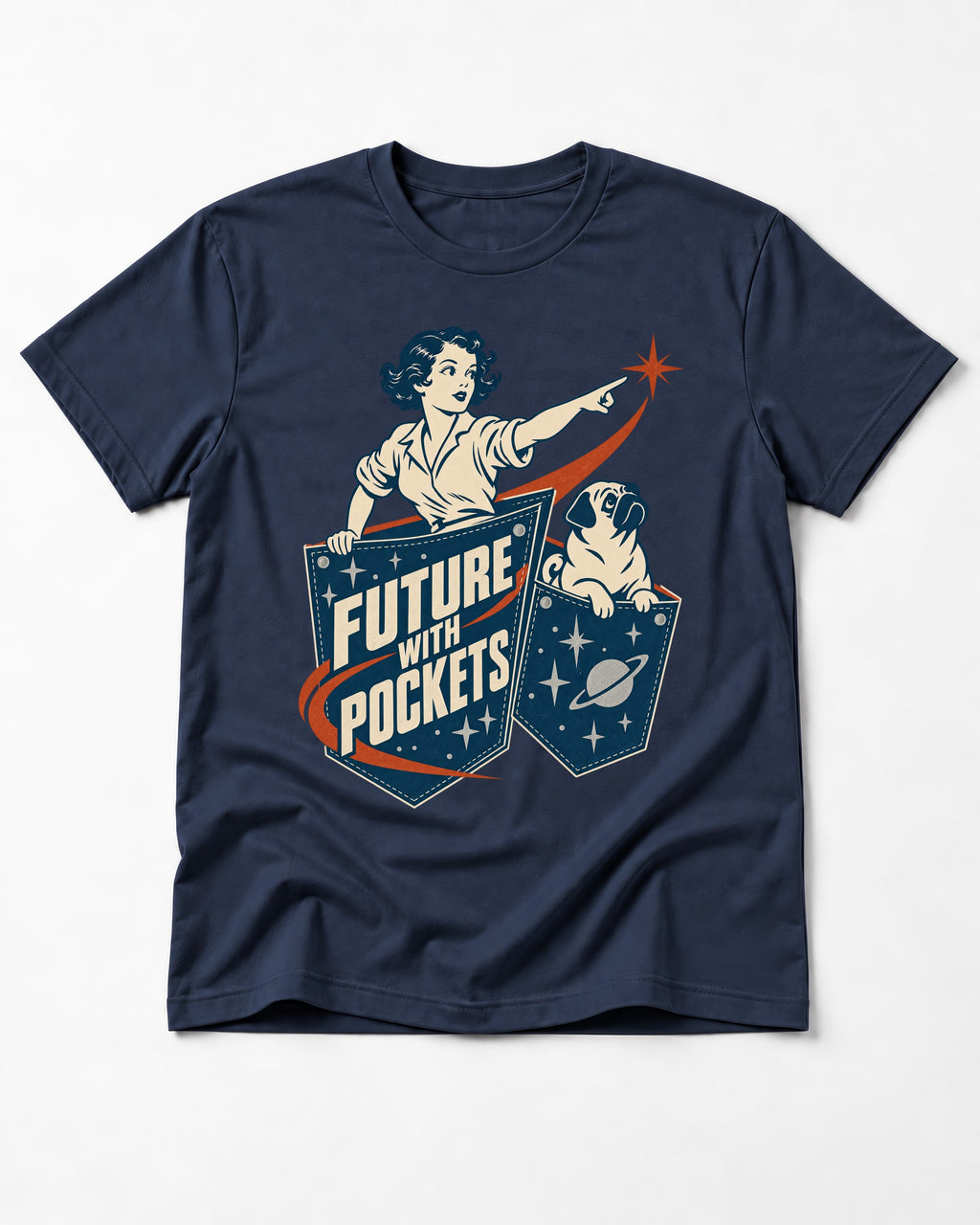 Pug Future with Pockets Space Pocket Graphic T-Shirt in Navy, flat lay product photo