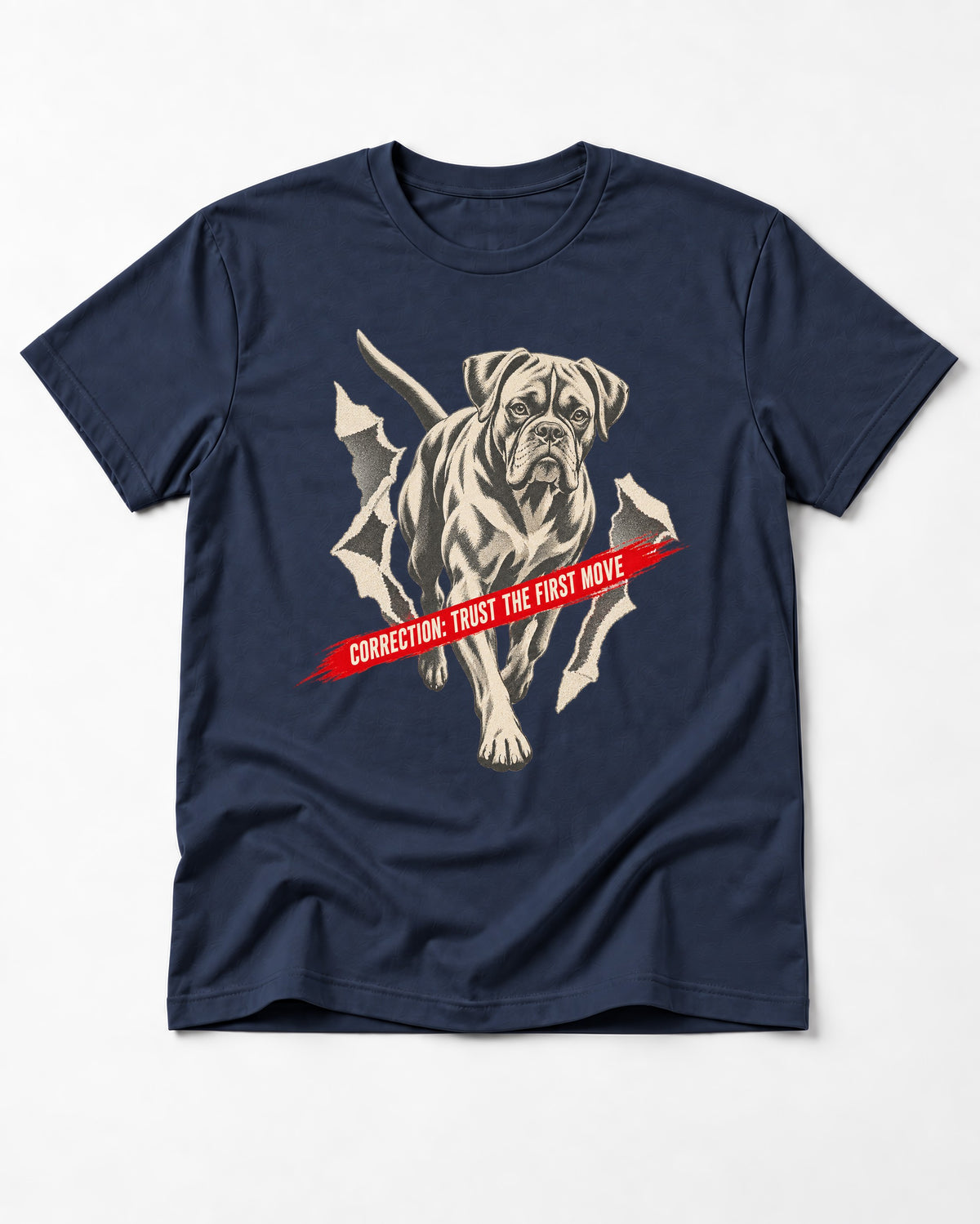 Mastiff Mismatch Boxer Needs Review T-Shirt in Navy, flat lay product photo