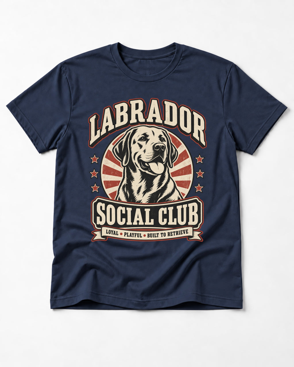 Labrador Retriever Social Club Loyal Playful Built to Retrieve Badge Graphic T-Shirt in Navy, flat lay product photo