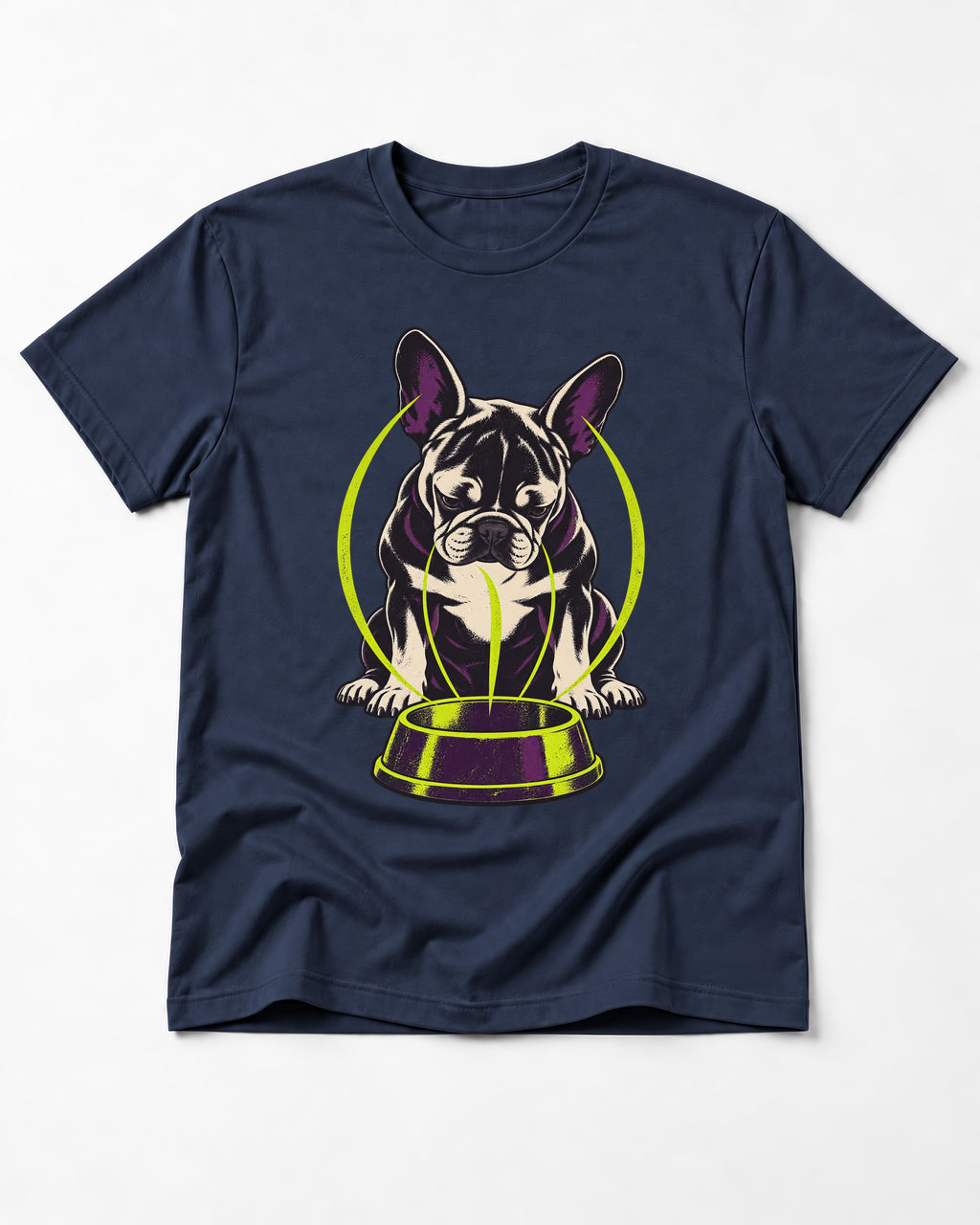 Frenchie Bowl Gravity Graphic T-Shirt in Navy, flat lay product photo