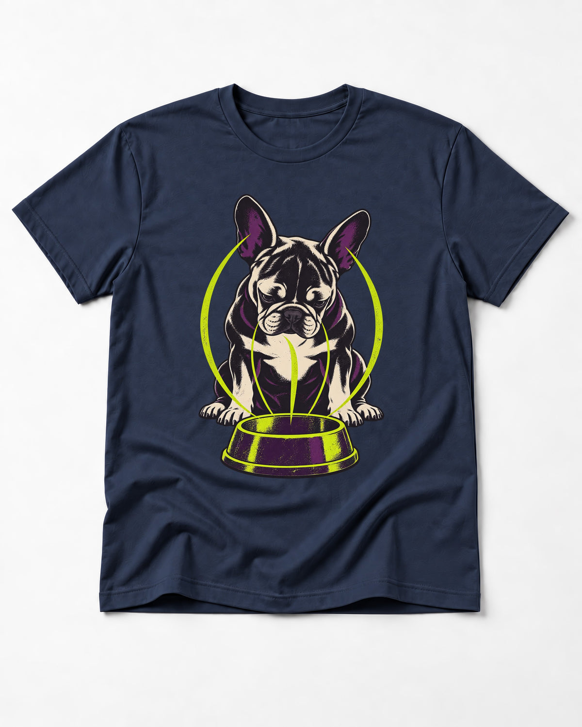 Frenchie Bowl Gravity Graphic T-Shirt in Navy, flat lay product photo