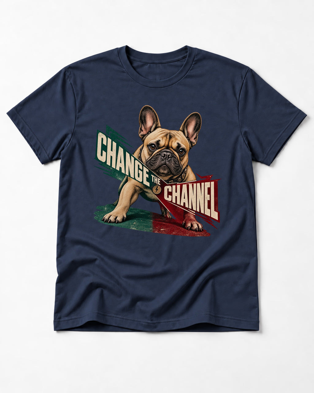 Frenchie Change the Channel Graphic T-Shirt in Navy, flat lay product photo