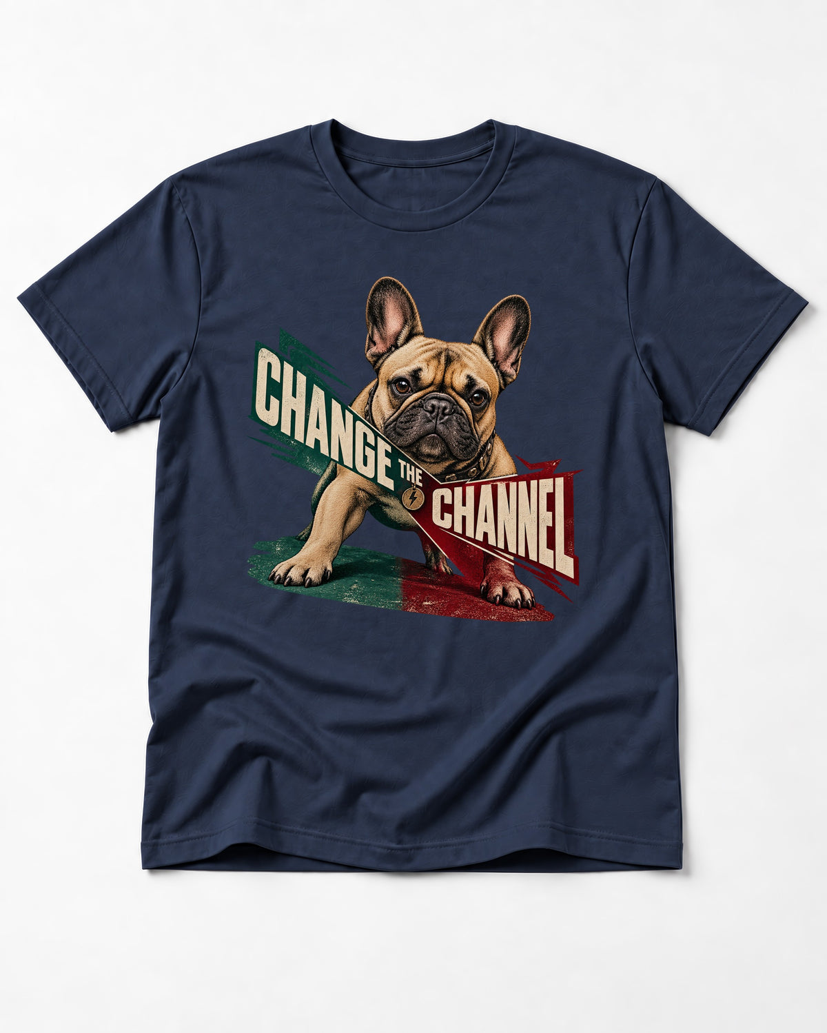 Frenchie Change the Channel Graphic T-Shirt in Navy, flat lay product photo