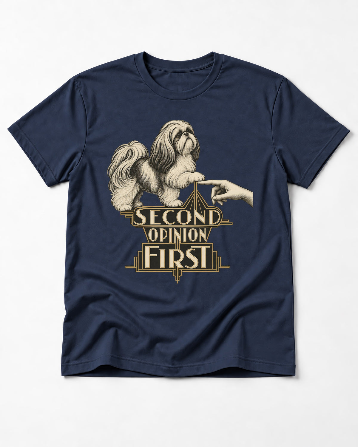 Shih Tzu Second Opinion First Art Deco Graphic T-Shirt in Navy, flat lay product photo