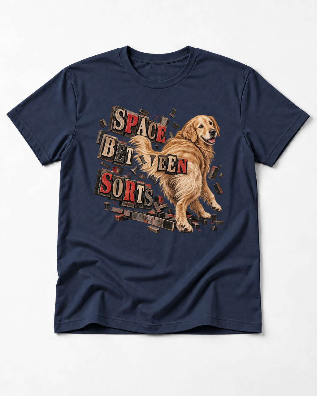 Golden Retriever Space Between Sorts Letterpress Graphic T-Shirt in Navy, flat lay product photo