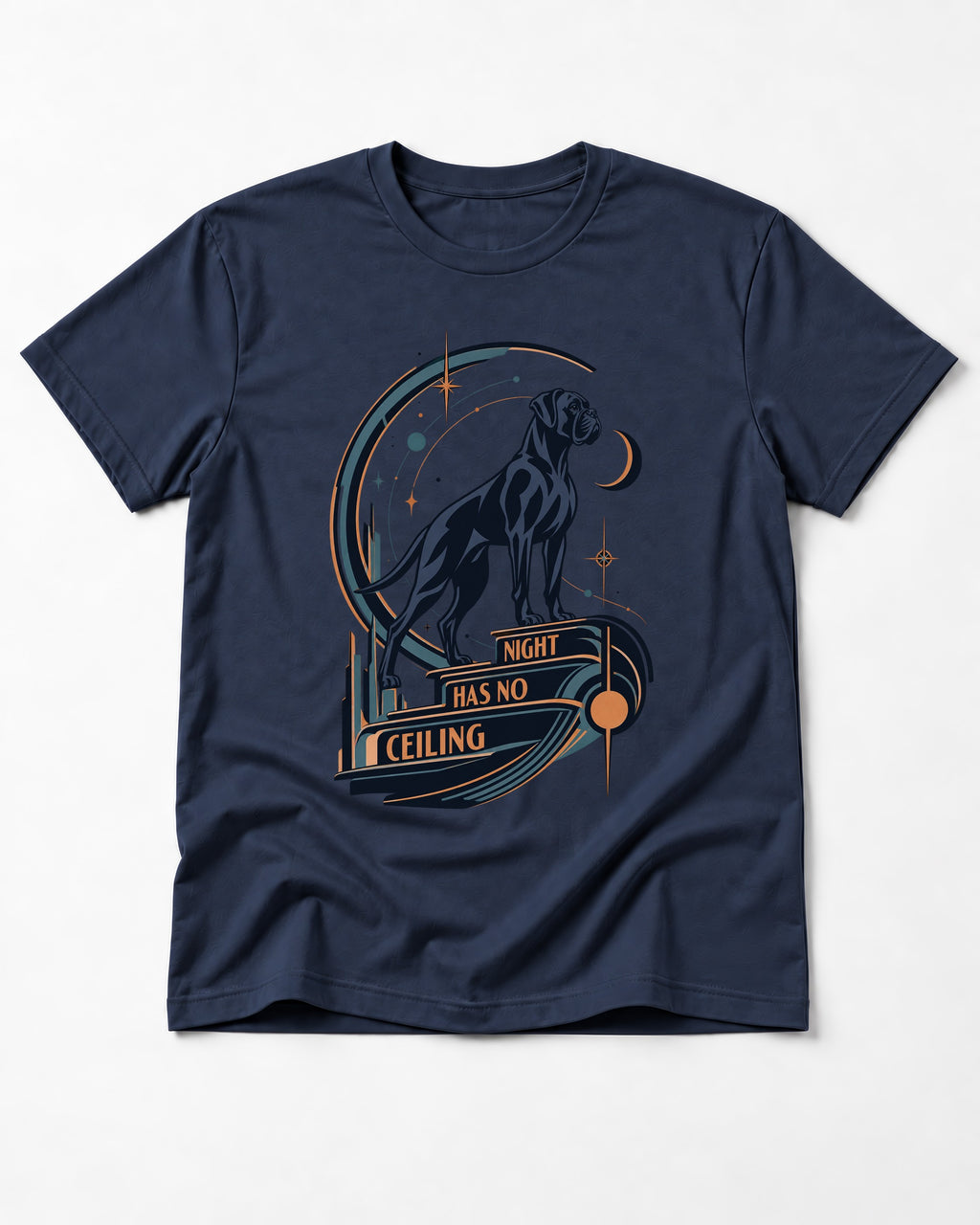Night Has No Ceiling Boxer Cosmic Graphic T-Shirt in Navy, flat lay product photo