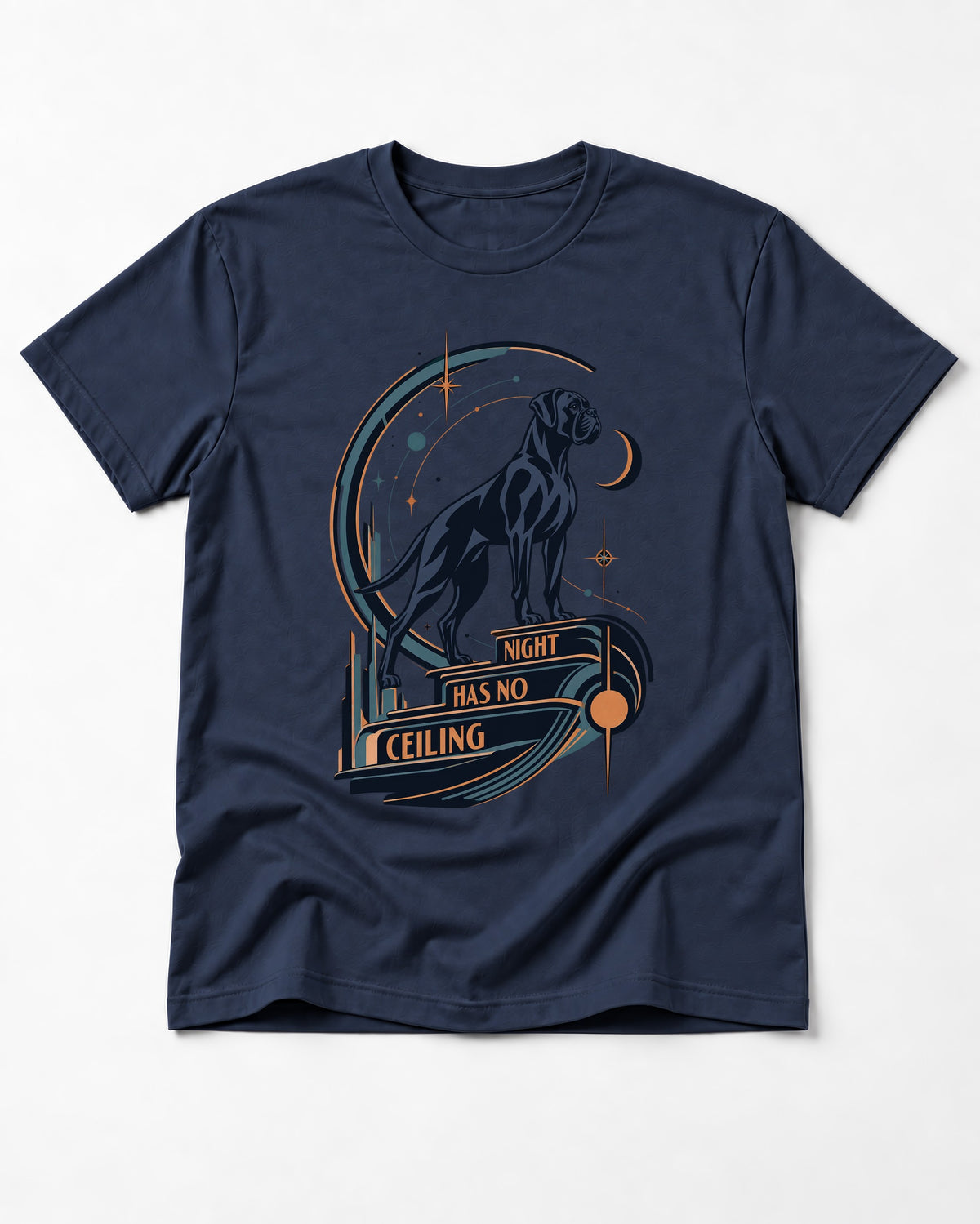 Night Has No Ceiling Boxer Cosmic Graphic T-Shirt in Navy, flat lay product photo