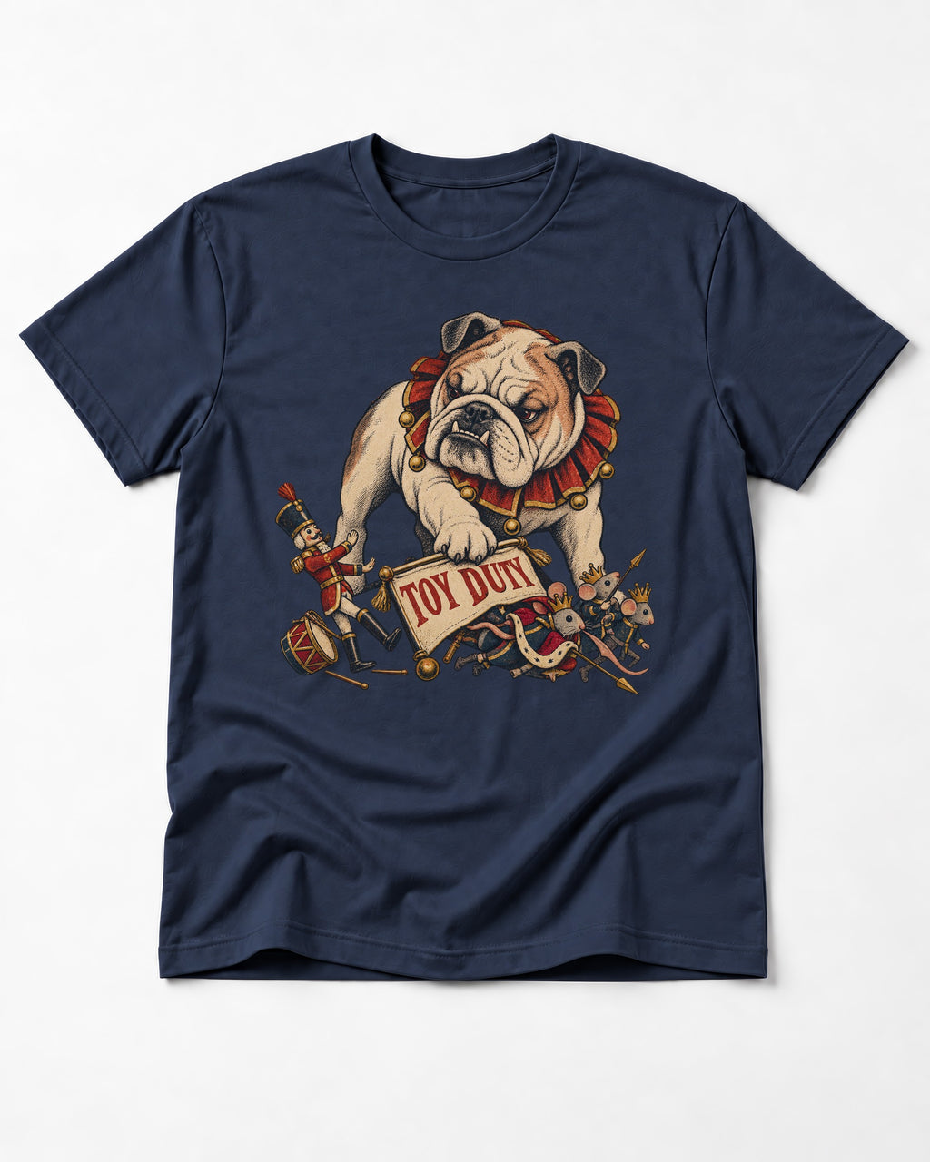 English Bulldog Toy Duty Nutcracker Mice T-Shirt in Navy, flat lay product photo