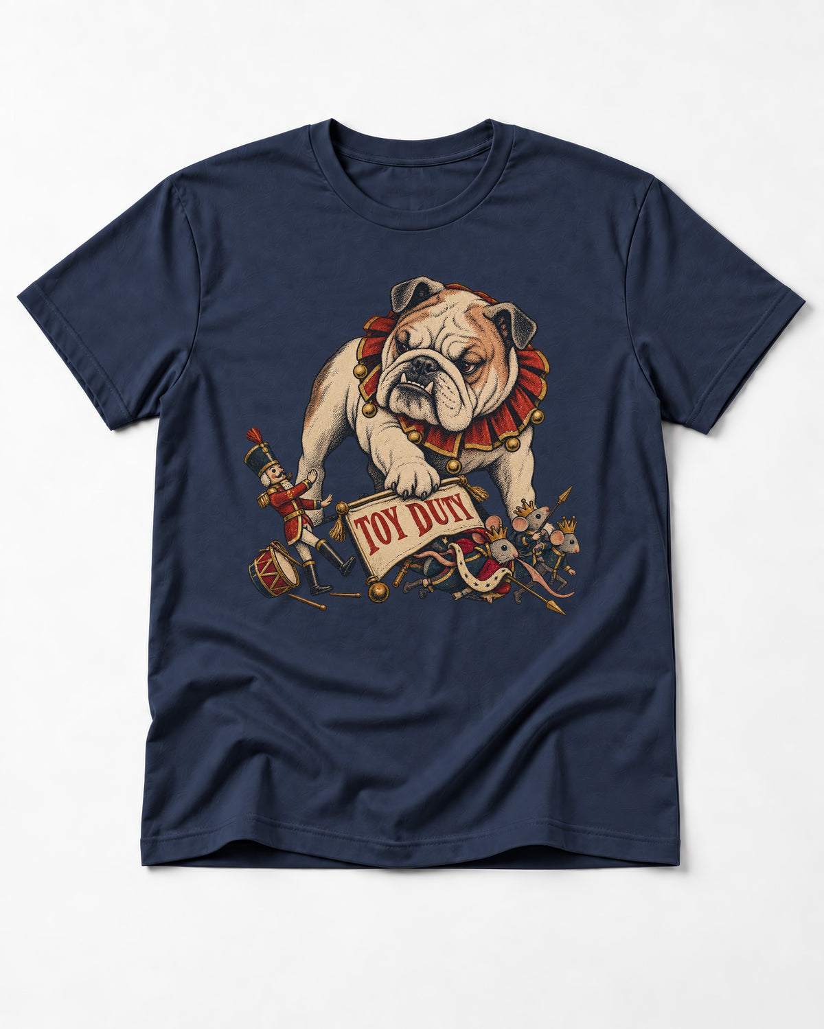 English Bulldog Toy Duty Nutcracker Mice T-Shirt in Navy, flat lay product photo