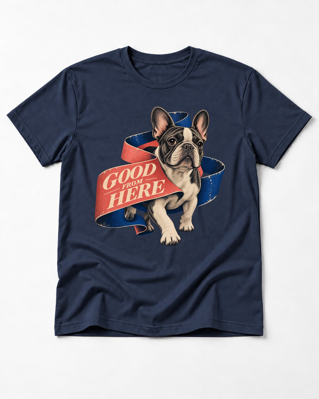 Frenchie Good From Here Ribbon Graphic T-Shirt in Navy, flat lay product photo