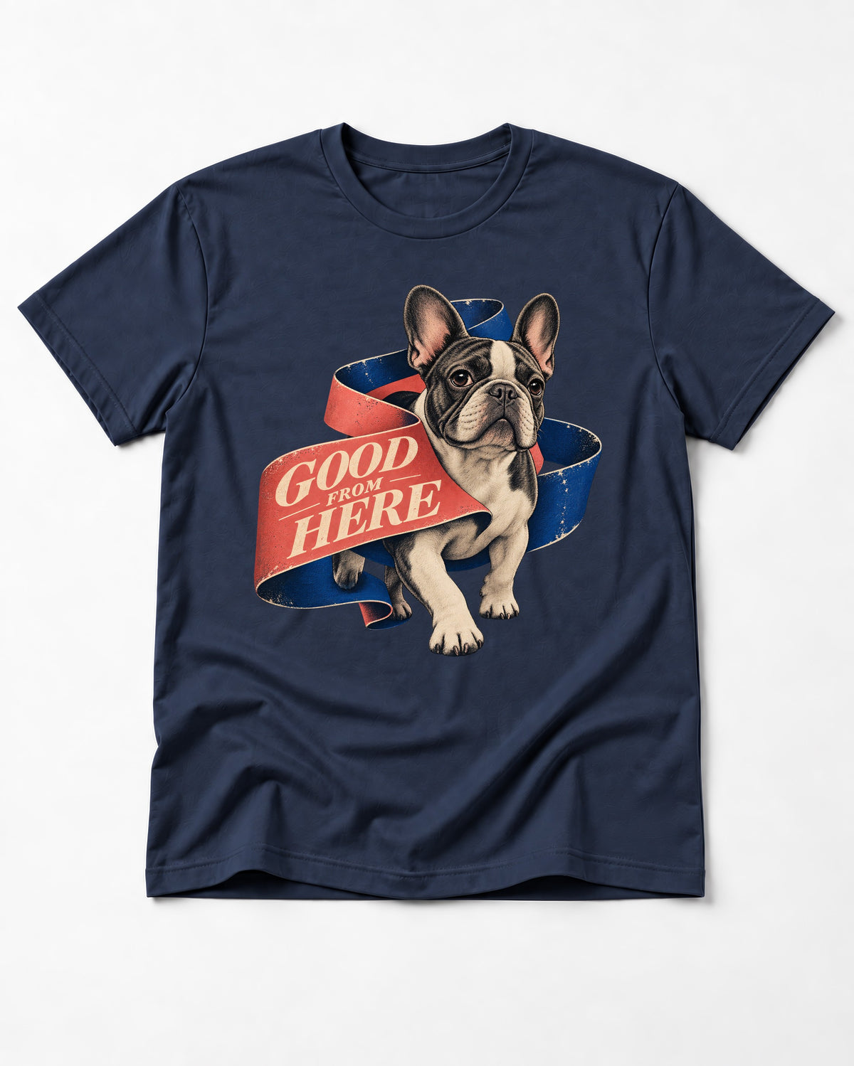 Frenchie Good From Here Ribbon Graphic T-Shirt in Navy, flat lay product photo