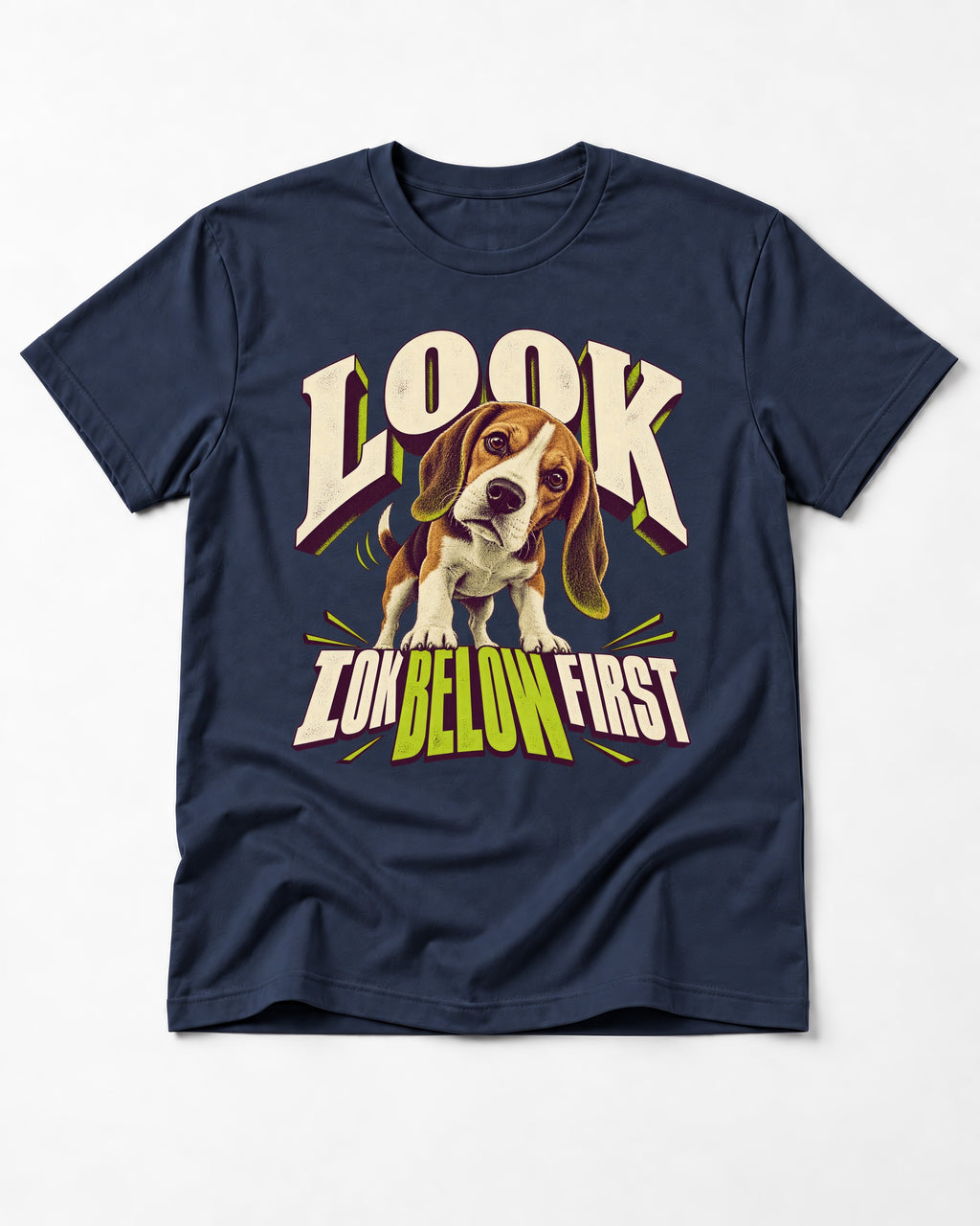 Beagle Look Low Below First T-Shirt in Navy, flat lay product photo