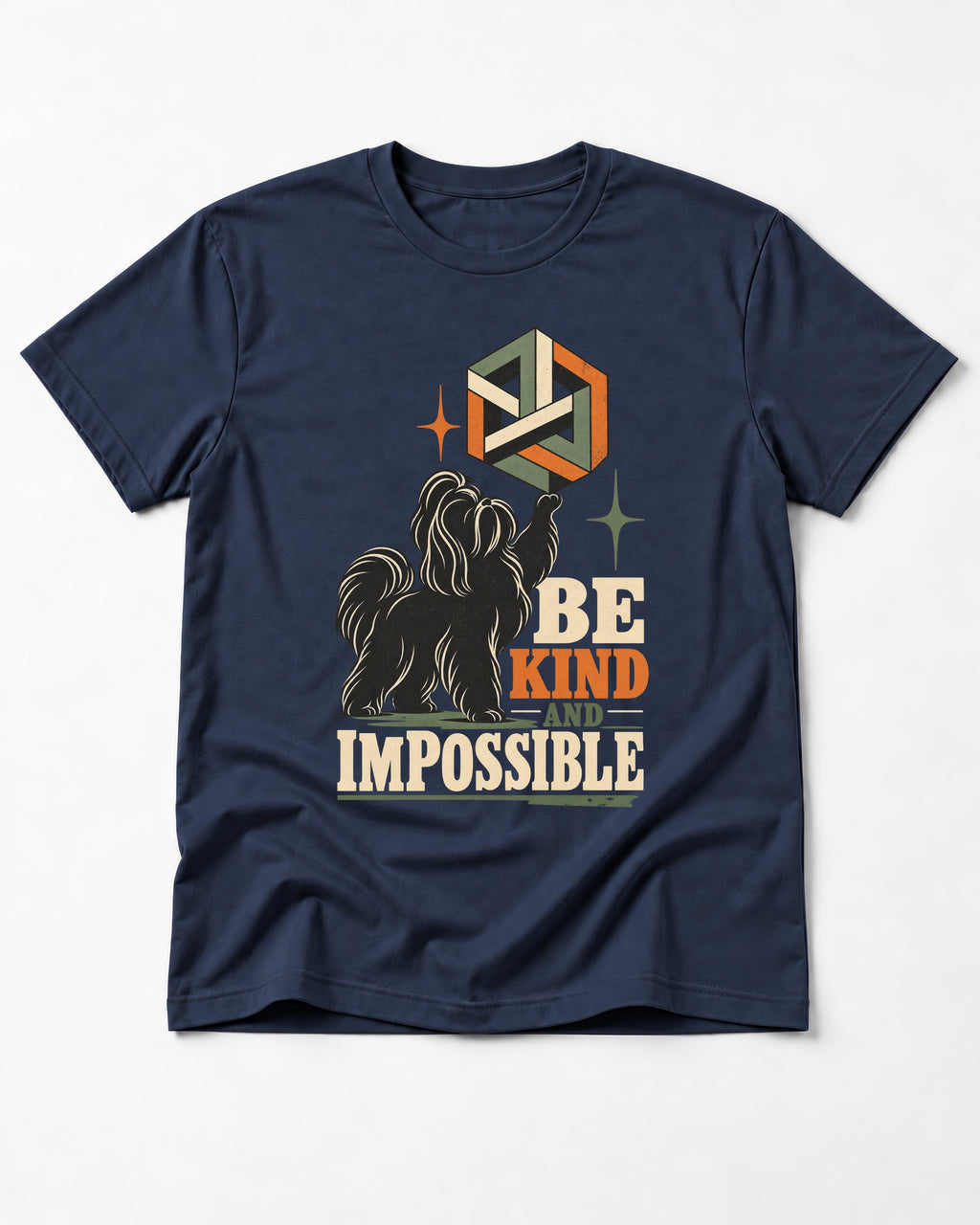 Shih Tzu Be Kind and Impossible Geometric Cube Graphic T-Shirt in Navy, flat lay product photo