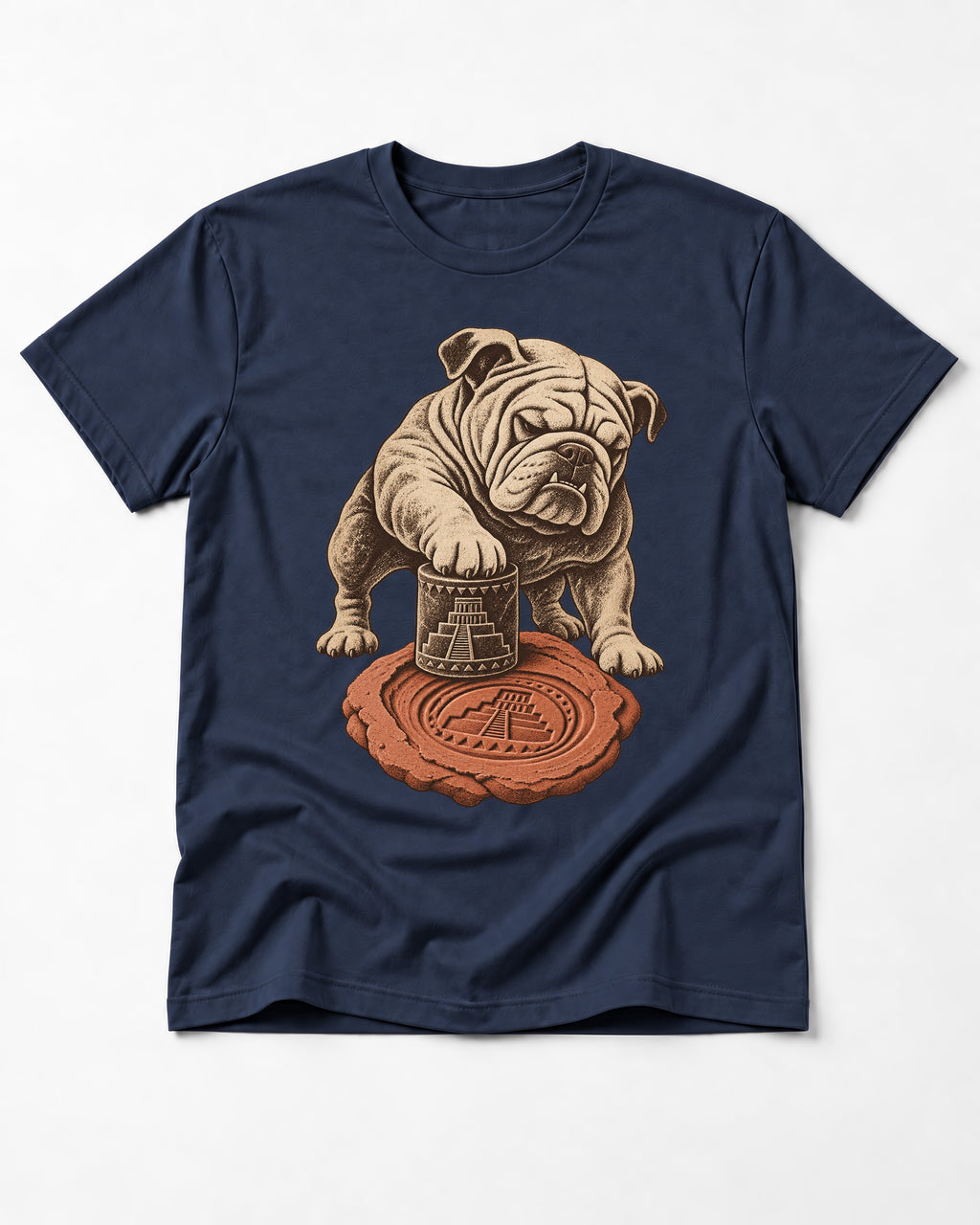English Bulldog Ancient Cylinder Seal Graphic T-Shirt in Navy, flat lay product photo