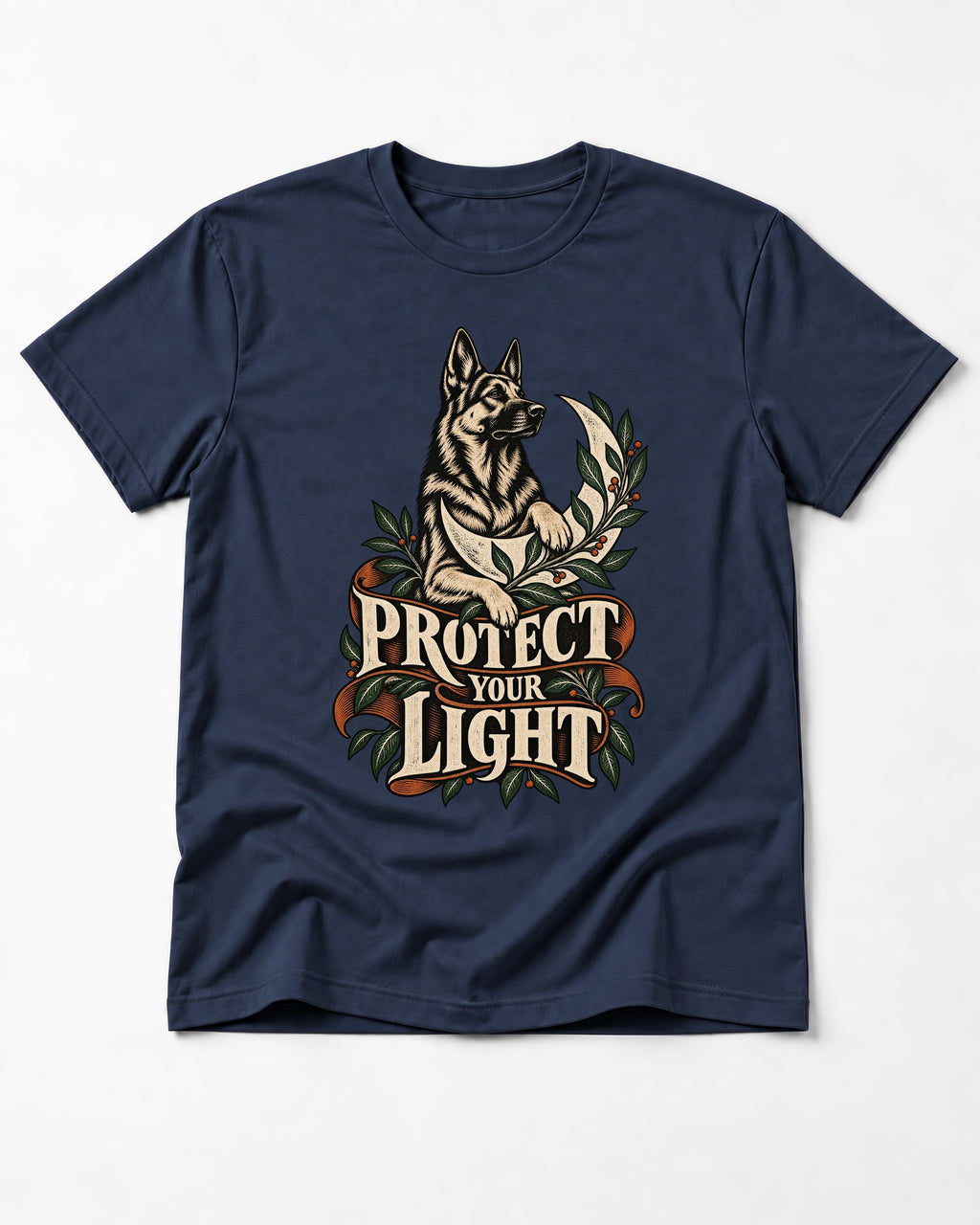 Protect Your Light Moon Botanical German Shepherd Dog Graphic T-Shirt in Navy, flat lay product photo