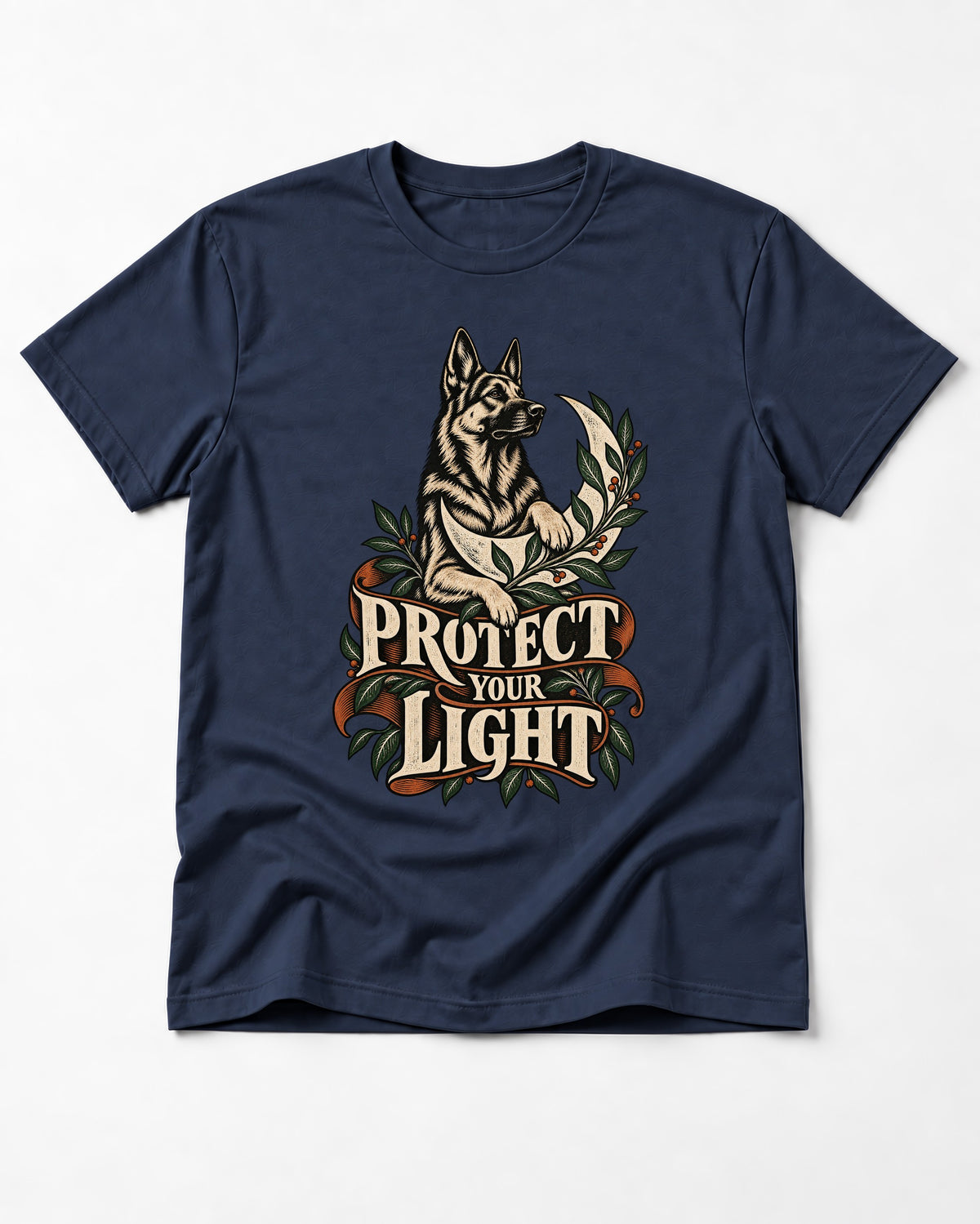 Protect Your Light Moon Botanical German Shepherd Dog Graphic T-Shirt in Navy, flat lay product photo