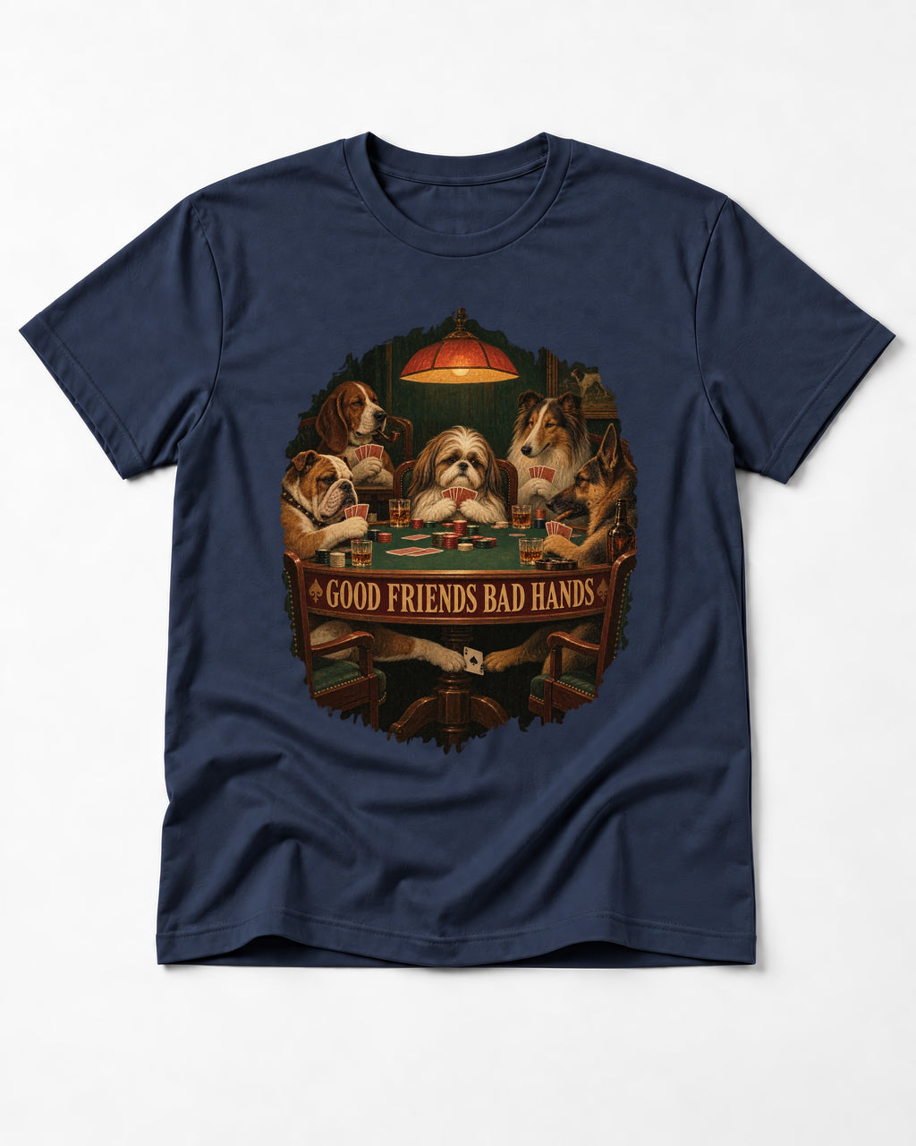 Shih Tzu Good Friends Bad Hands Poker Night Graphic T-Shirt in Navy, flat lay product photo