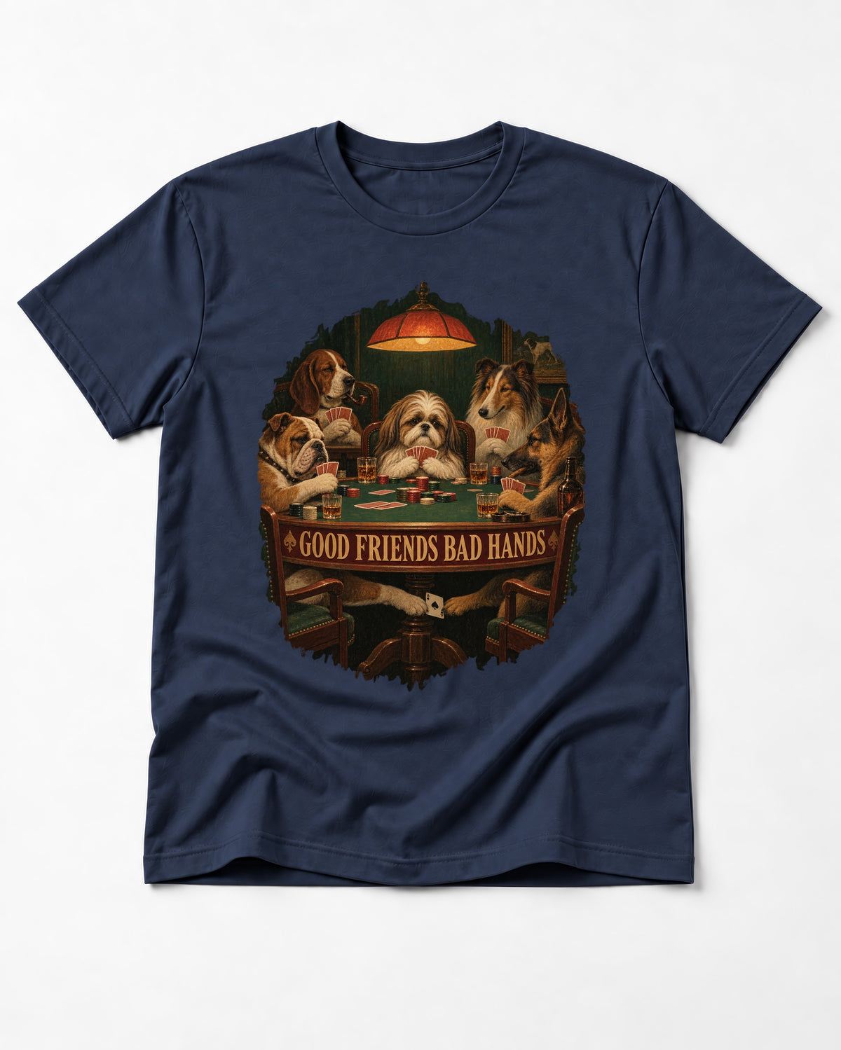 Shih Tzu Good Friends Bad Hands Poker Night Graphic T-Shirt in Navy, flat lay product photo