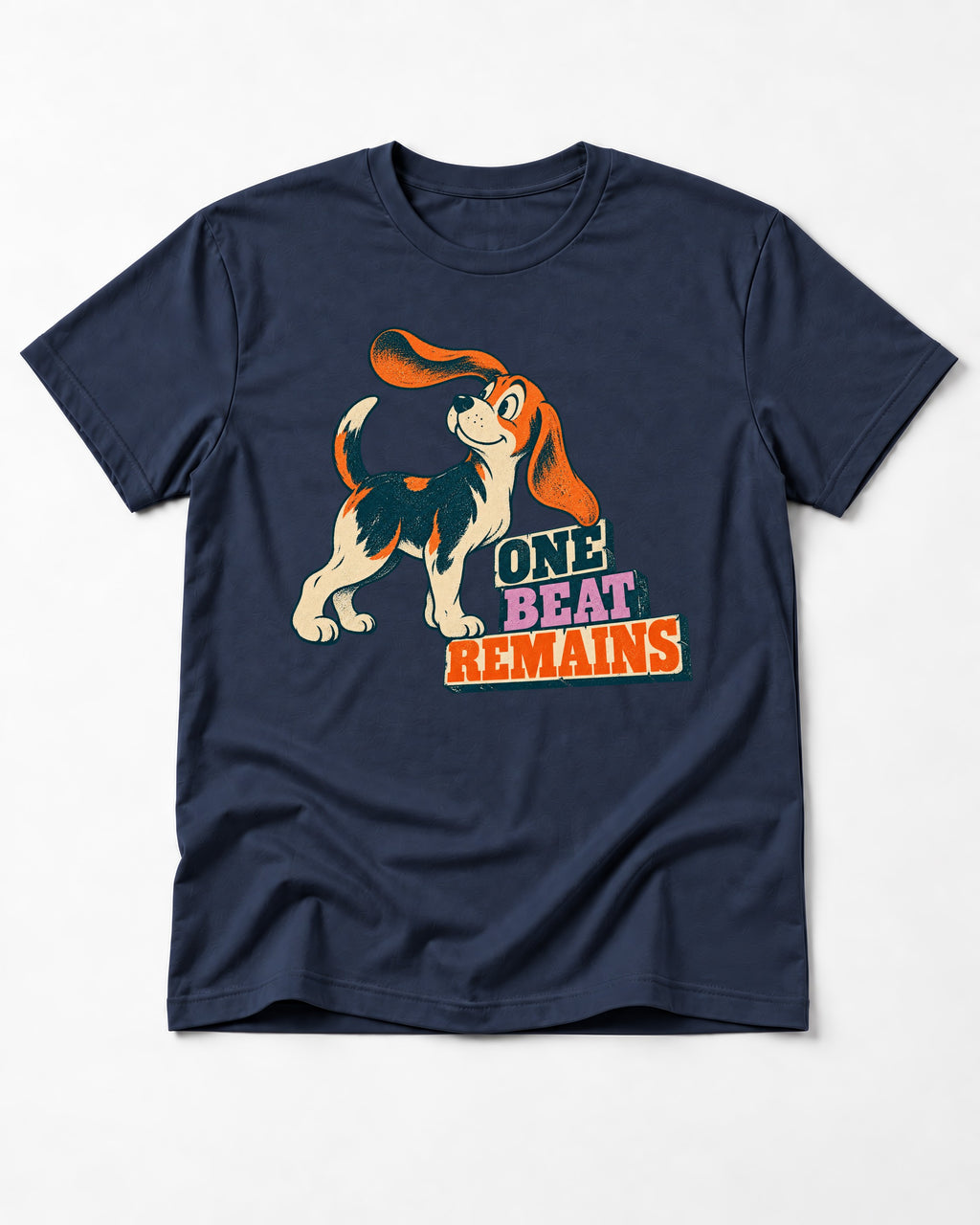 Retro Beagle One Beat Remains T-Shirt in Navy, flat lay product photo