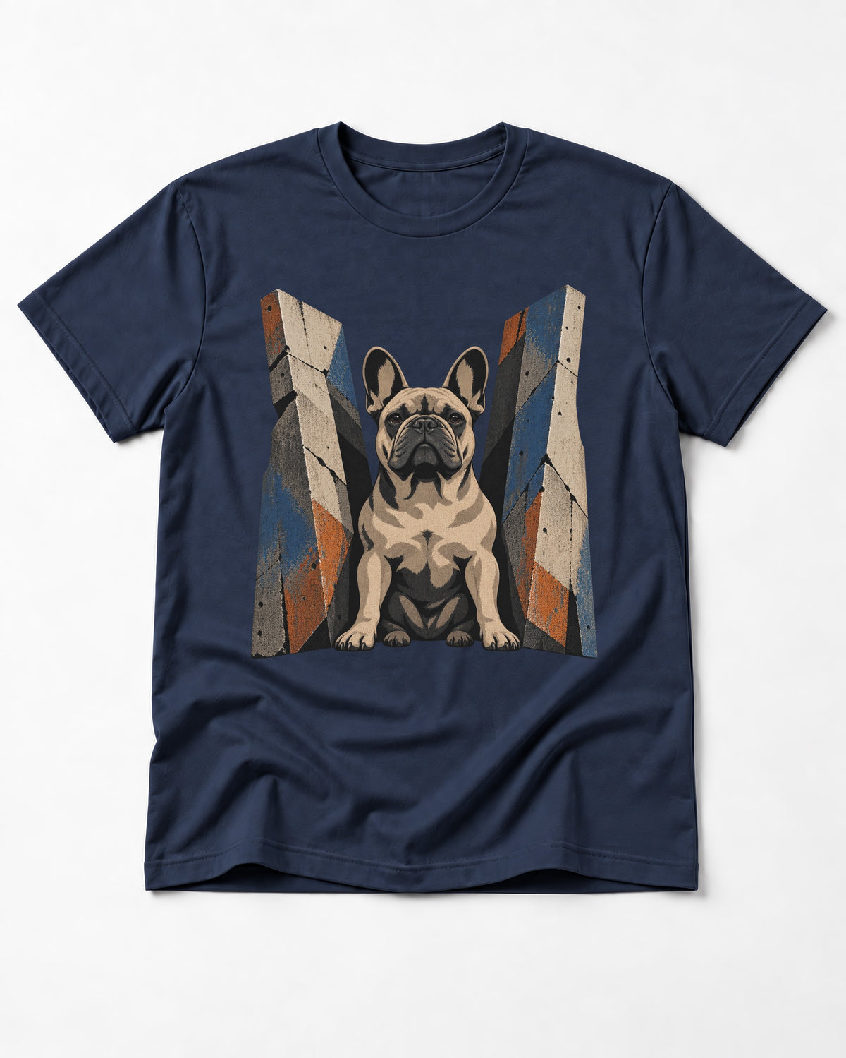 Frenchie Concrete Diplomat Barrier Portrait T-Shirt in Navy, flat lay product photo